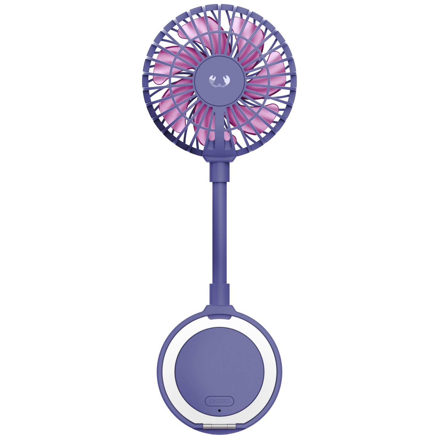Een paarse handheld ventilator met roze bladen en een ronde basis.