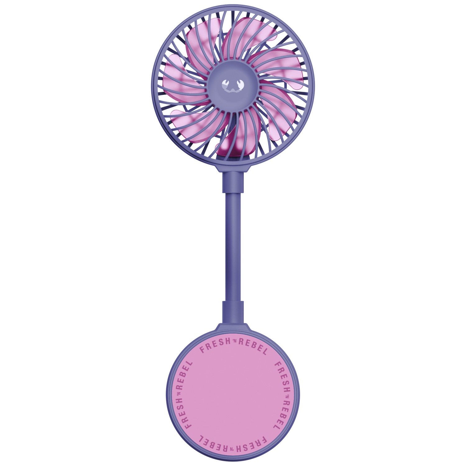Een paarse handheld ventilator met roze bladen en een ronde basis met tekst.