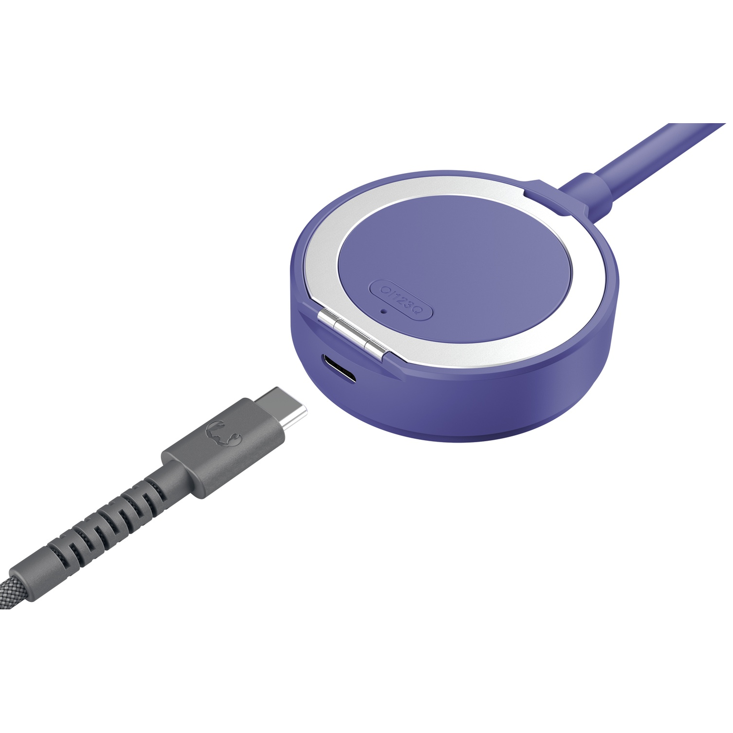 Een paars rond apparaat met een grijze USB-C-kabel ernaast.