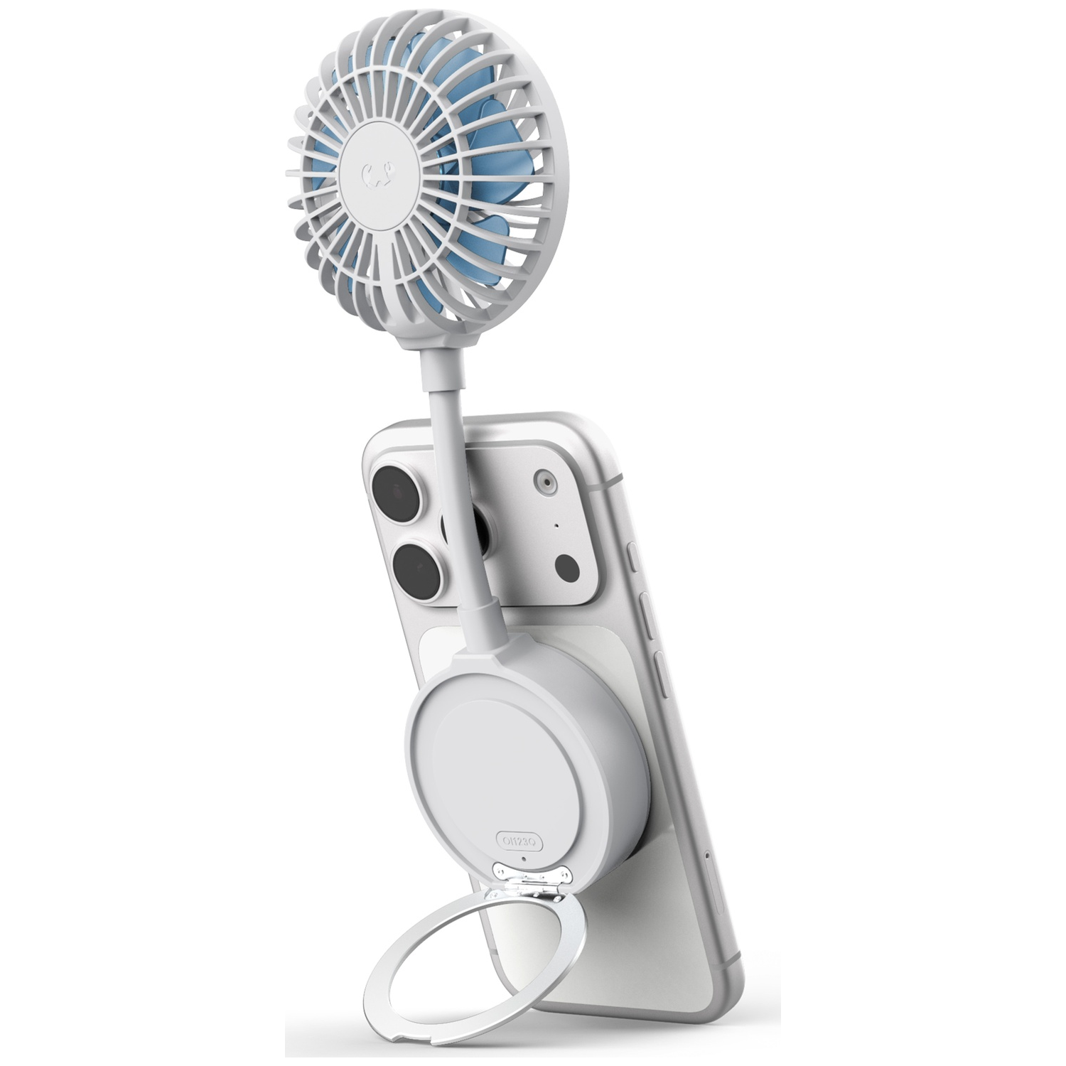 Een witte handventilator met blauwe bladen is bevestigd aan een transparante smartphone.
