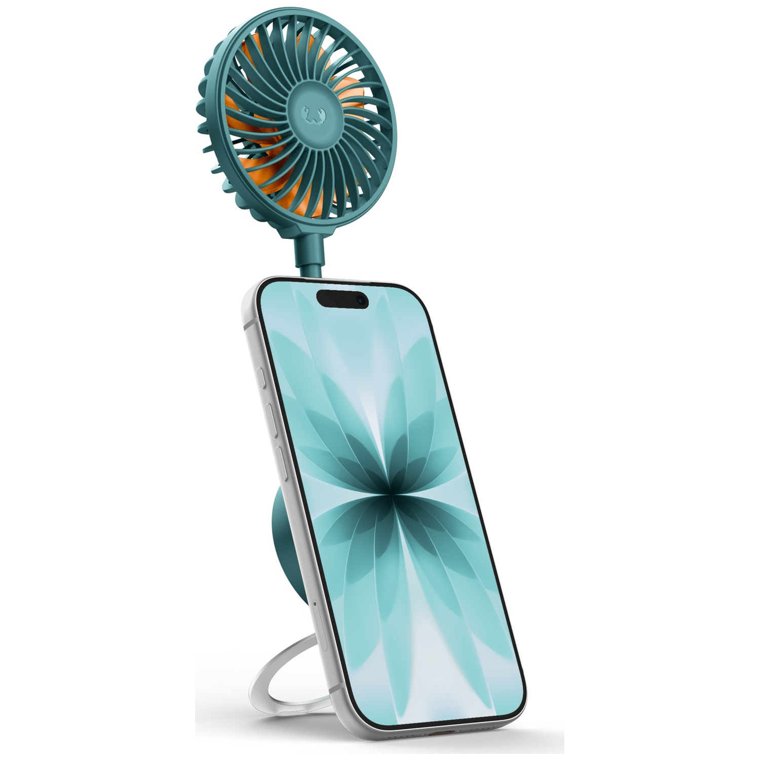 Een tealkleurige mini-ventilator zit op een smartphone die op een standaard staat.