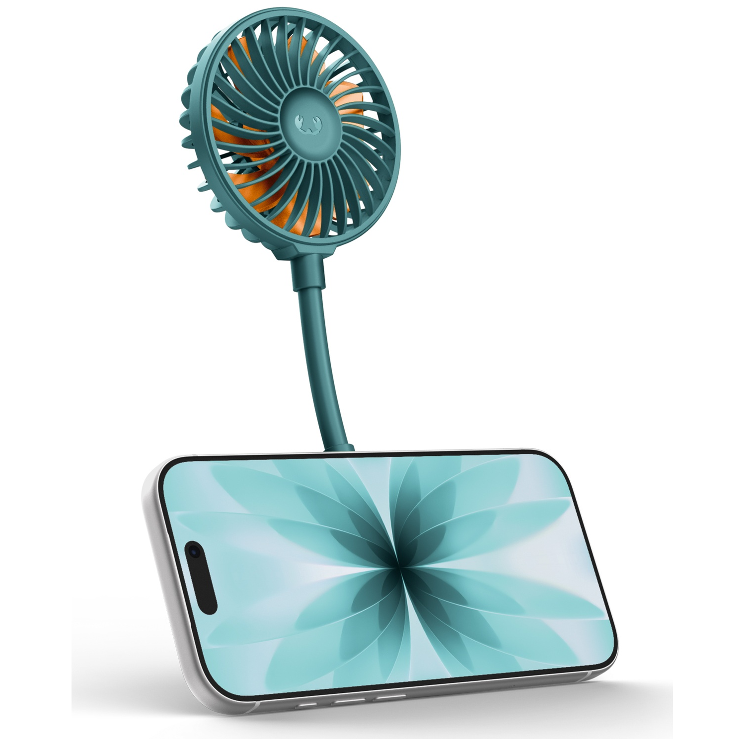 Een tealkleurige nekventilator met oranje bladen rust op een smartphone met blauw bloemenbehang.