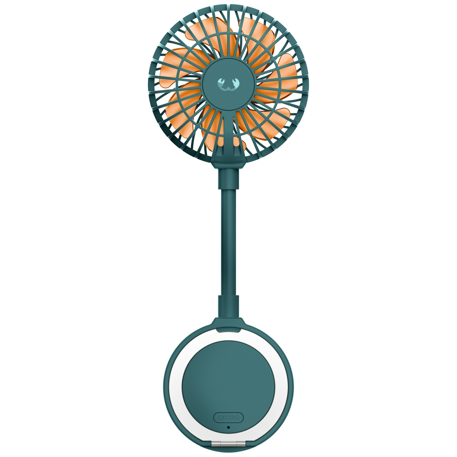 Een teal-kleurige ventilator met oranje bladen en een klein gezichtje.