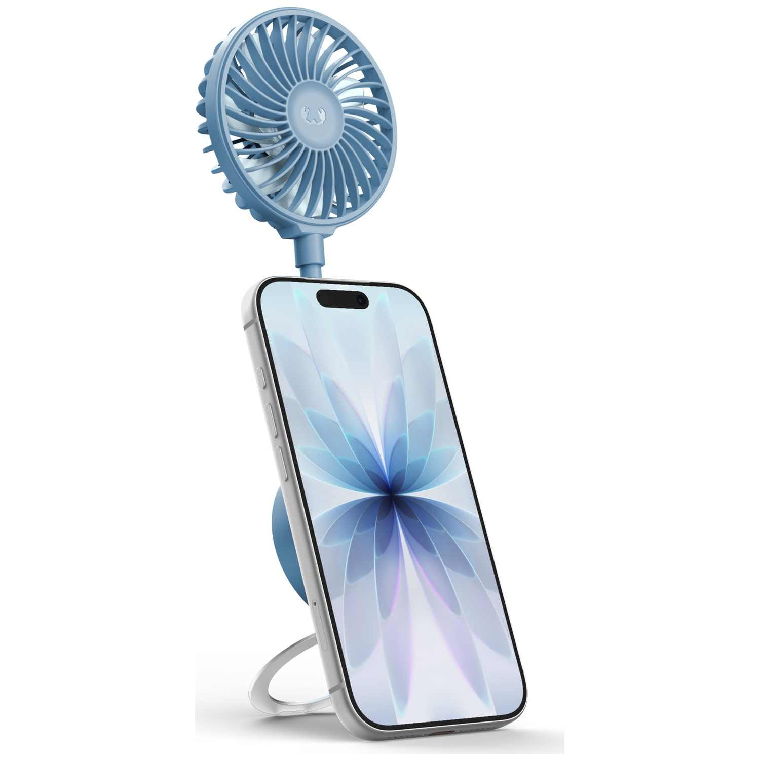 Een blauwe mini-ventilator is gemonteerd op een smartphone die op een standaard staat.