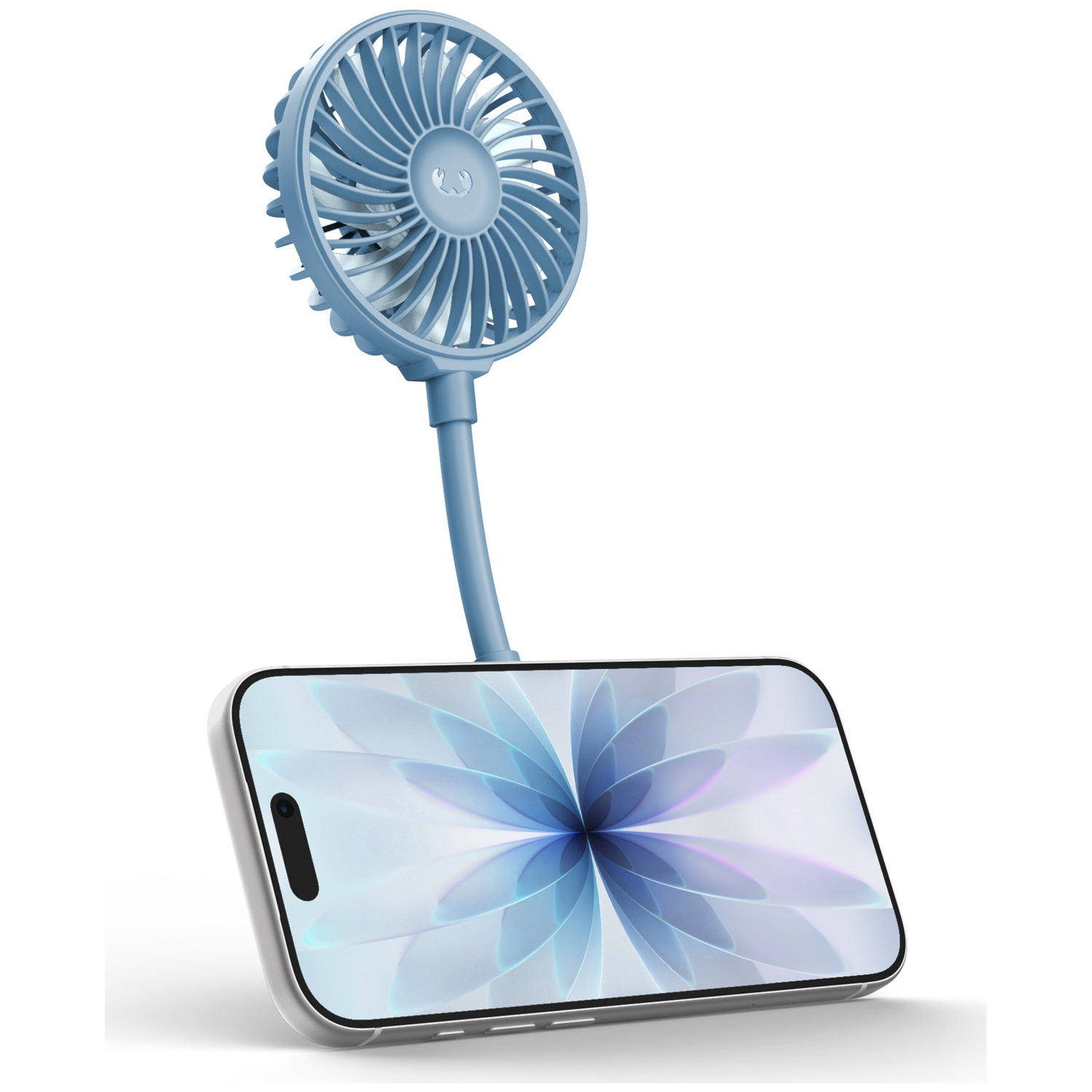 Een blauwe nekventilator staat op een smartphone met een bloemenachtergrond.