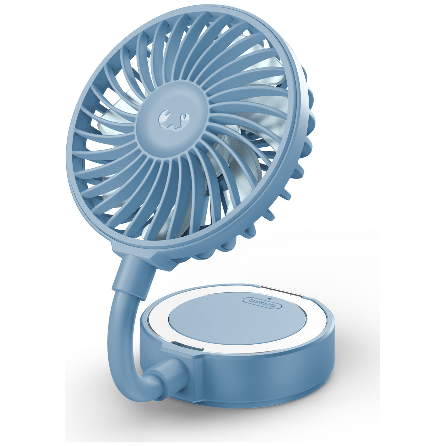 Een blauwe draagbare ventilator met flexibele nek en ronde basis.