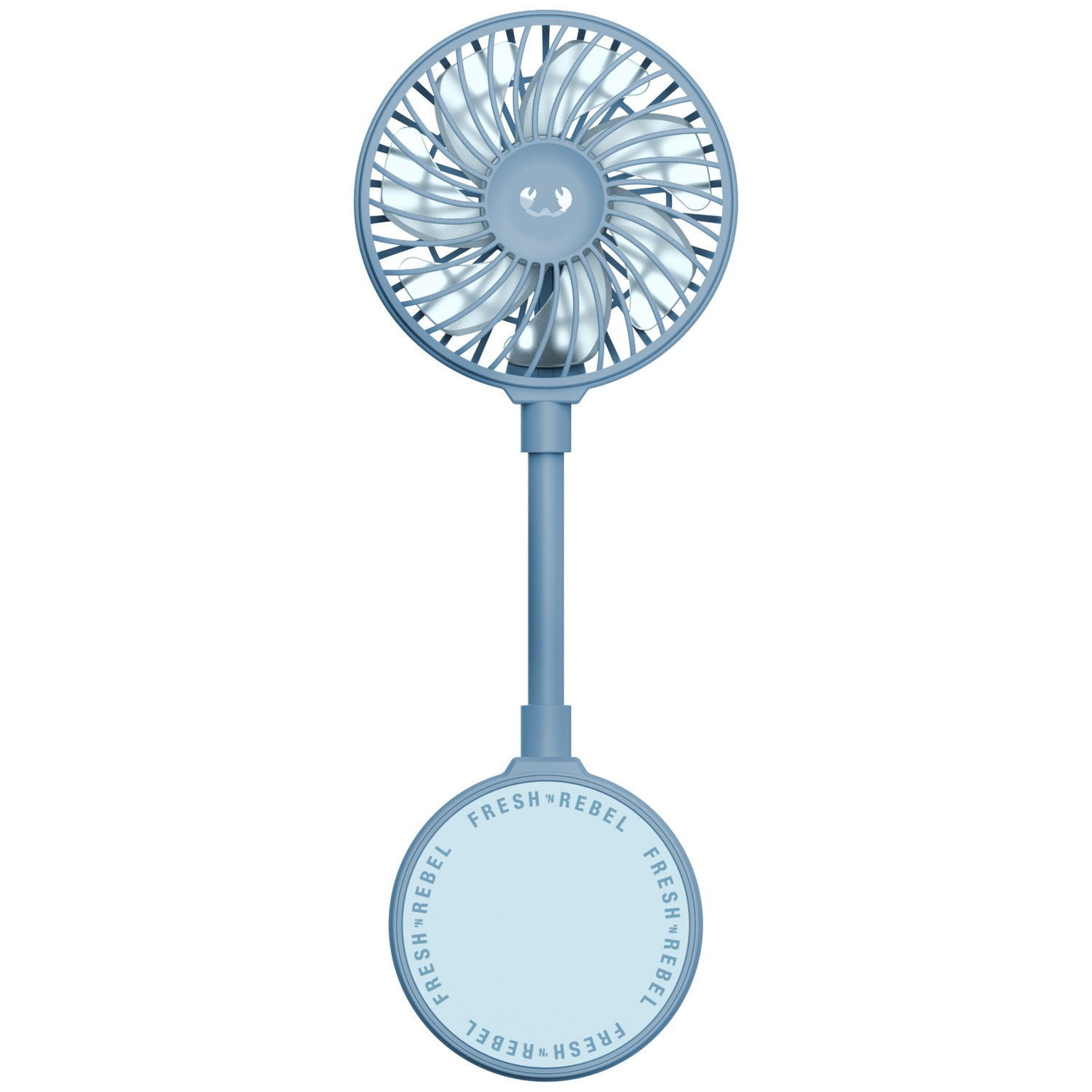 Een blauwe draagbare ventilator met een ronde kop en handvat.