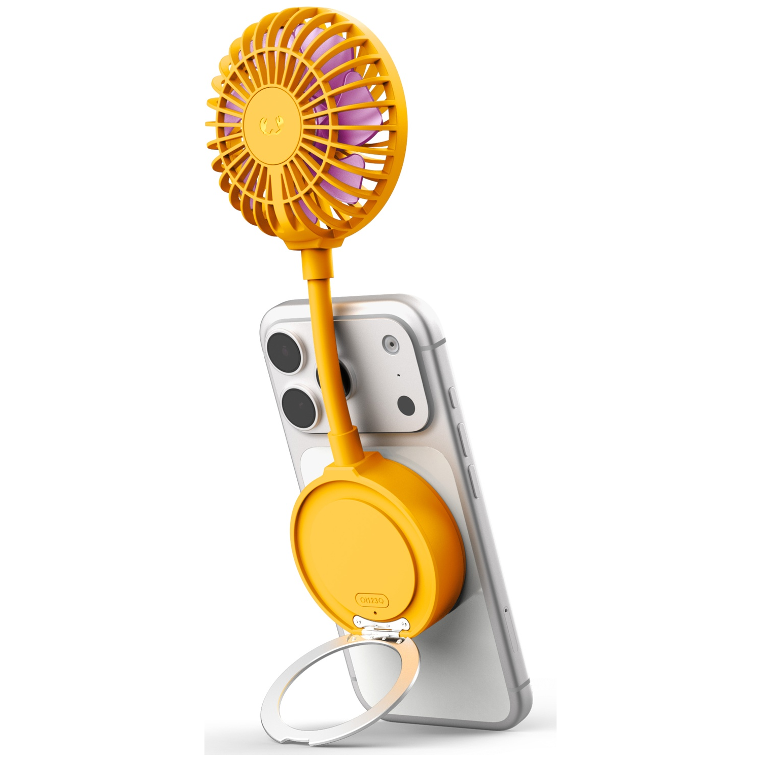 Een gele mini-ventilator met paarse bladen bevestigd aan een zilveren smartphone.