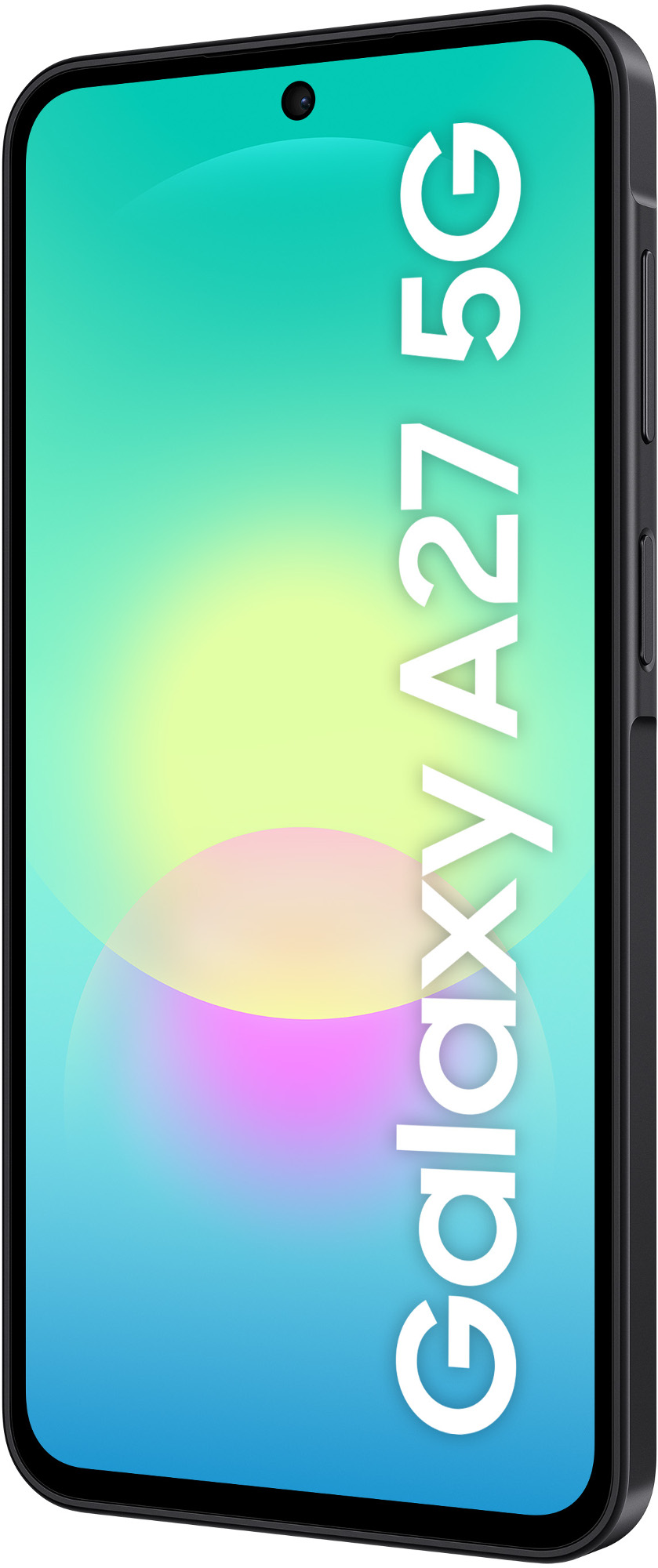 Czarny smartfon z napisem Galaxy A27 5G i gradientowym tłem.