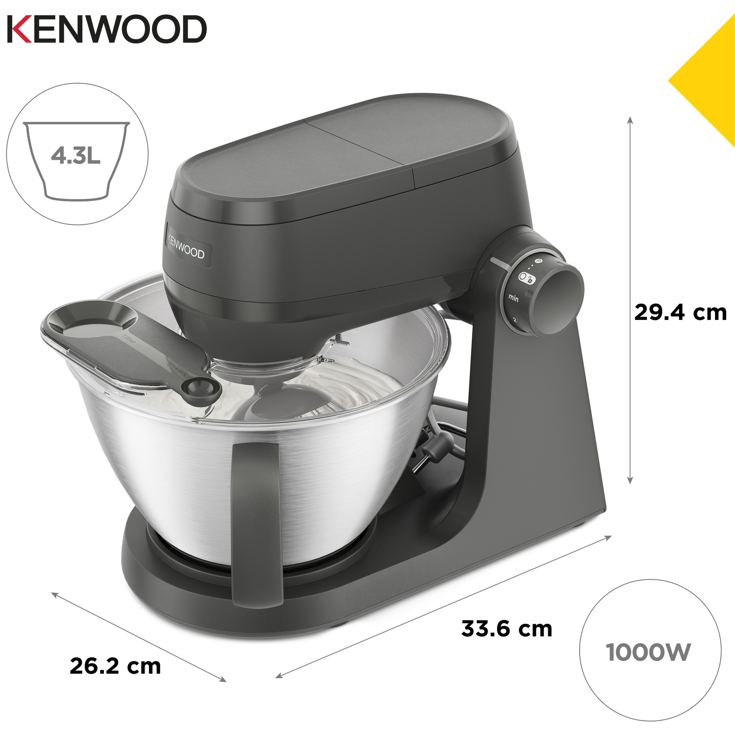 Grey Kenwood stand mixer with 4.3L stainless steel bowl, 1000W.