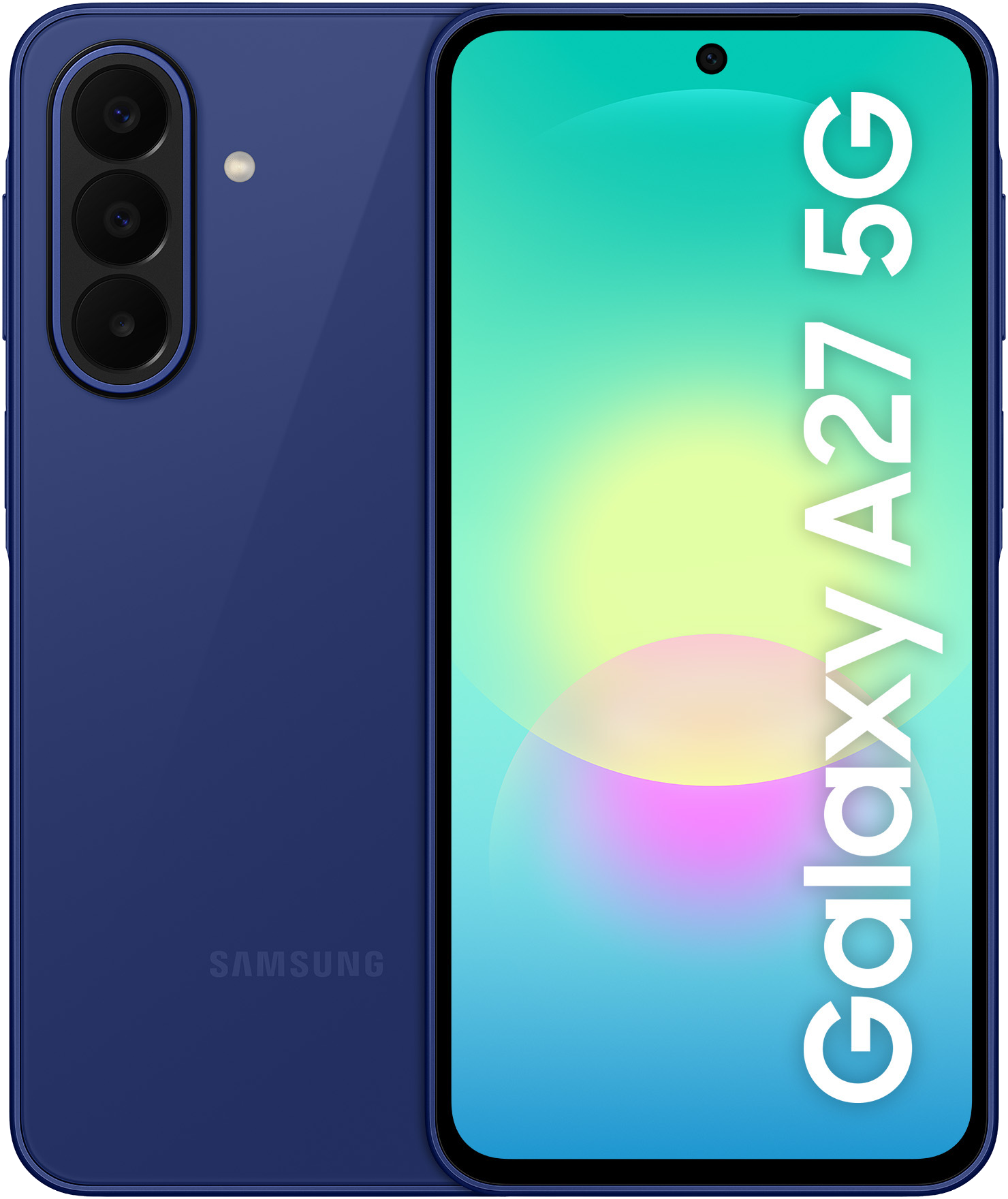 Niebieski smartfon Samsung Galaxy A27 5G z trzema tylnymi aparatami.