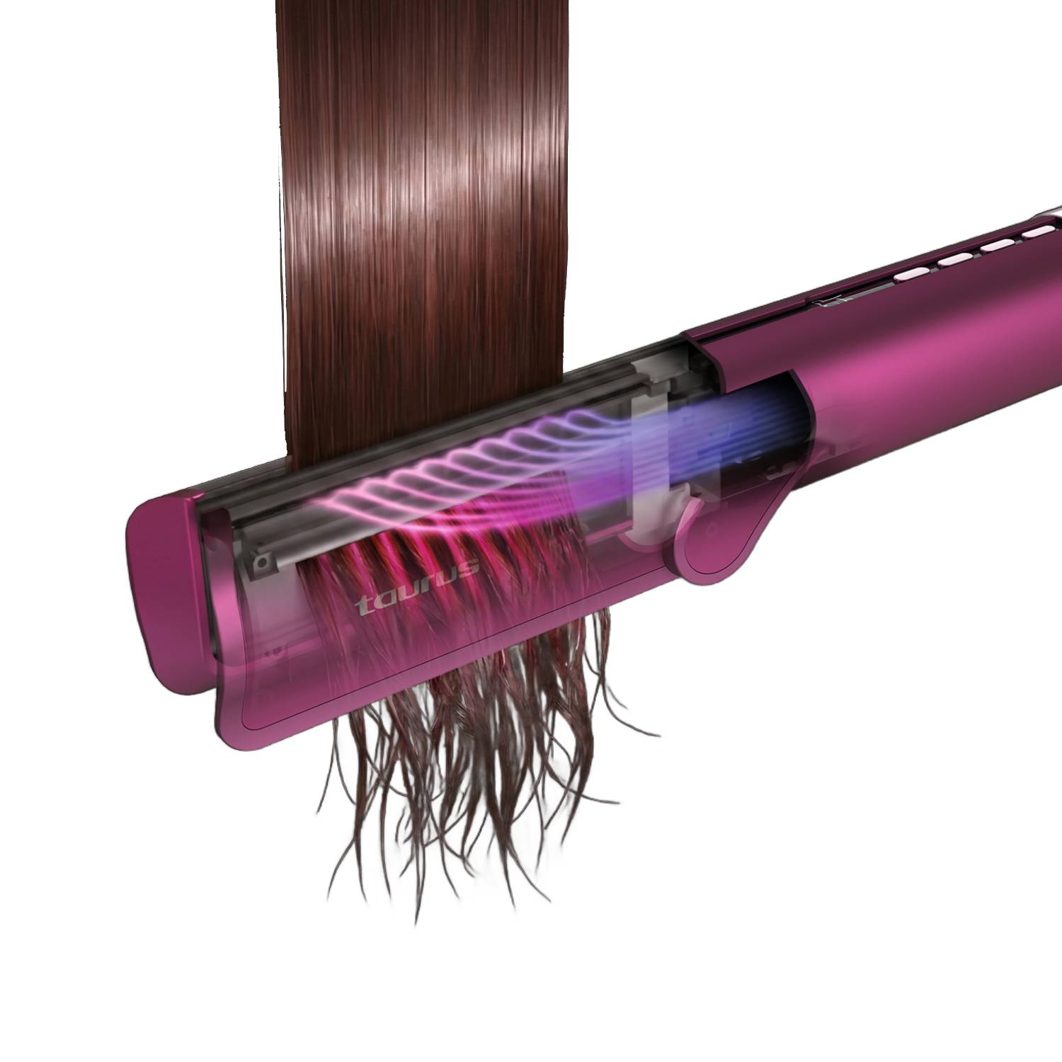 Plancha de pelo rosa con elementos calefactores internos y luz púrpura.
