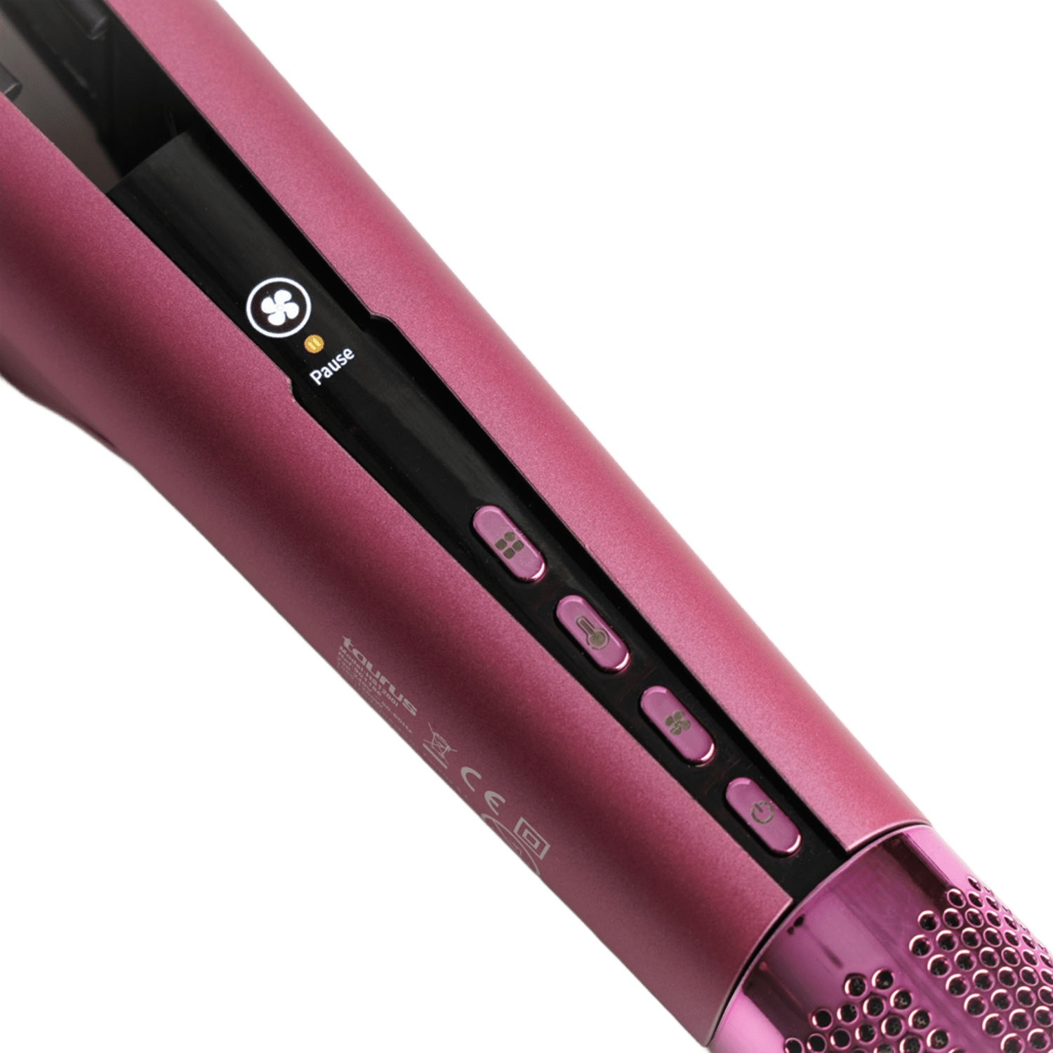 Primer plano de un rizador rosa con botones y pantalla digital que muestra un icono de ventilador.