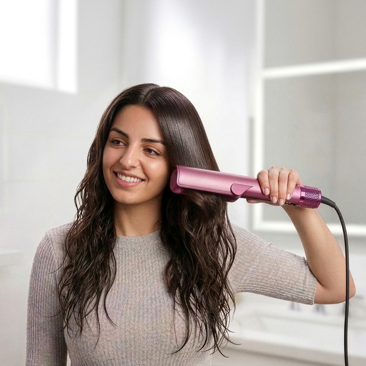 Mujer sonriendo usa un rizador rosa para su pelo largo en el baño.