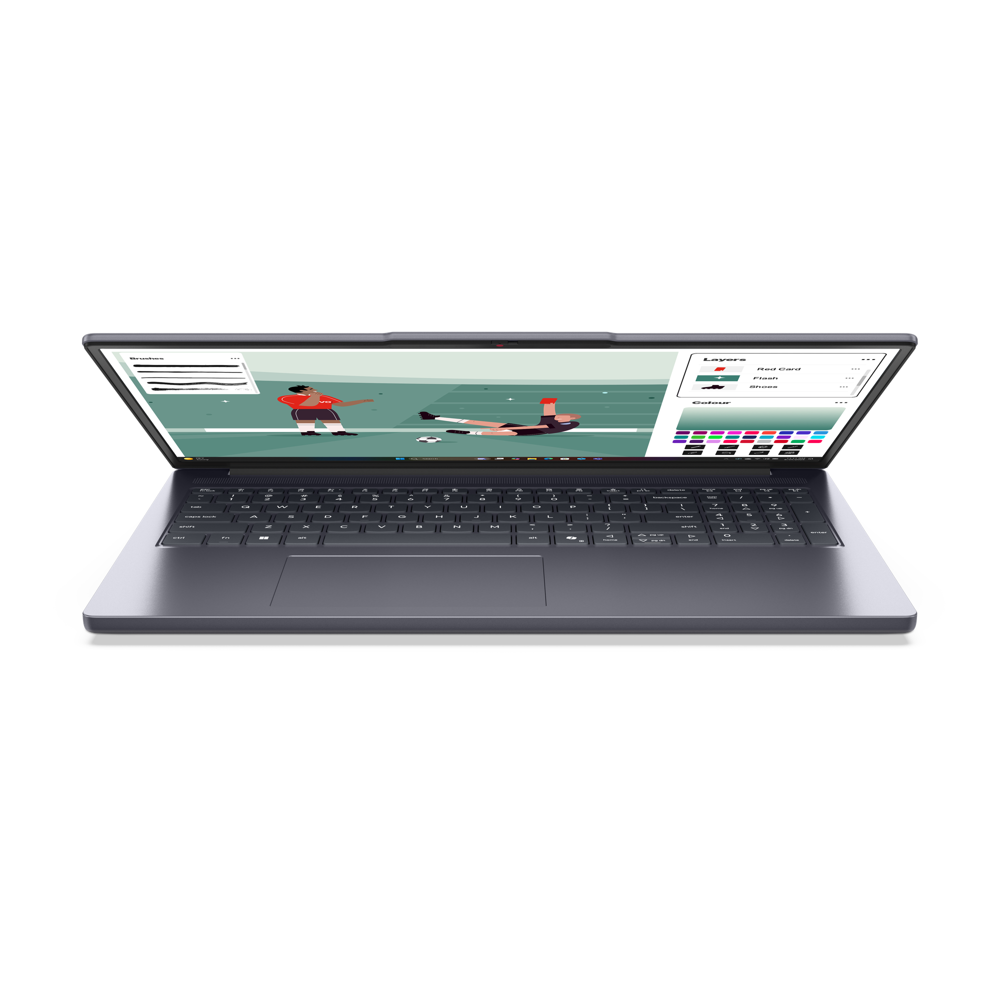 Ein Laptop zeigt eine digitale Kunstszene mit Fußballspielern und Farbpaletten.