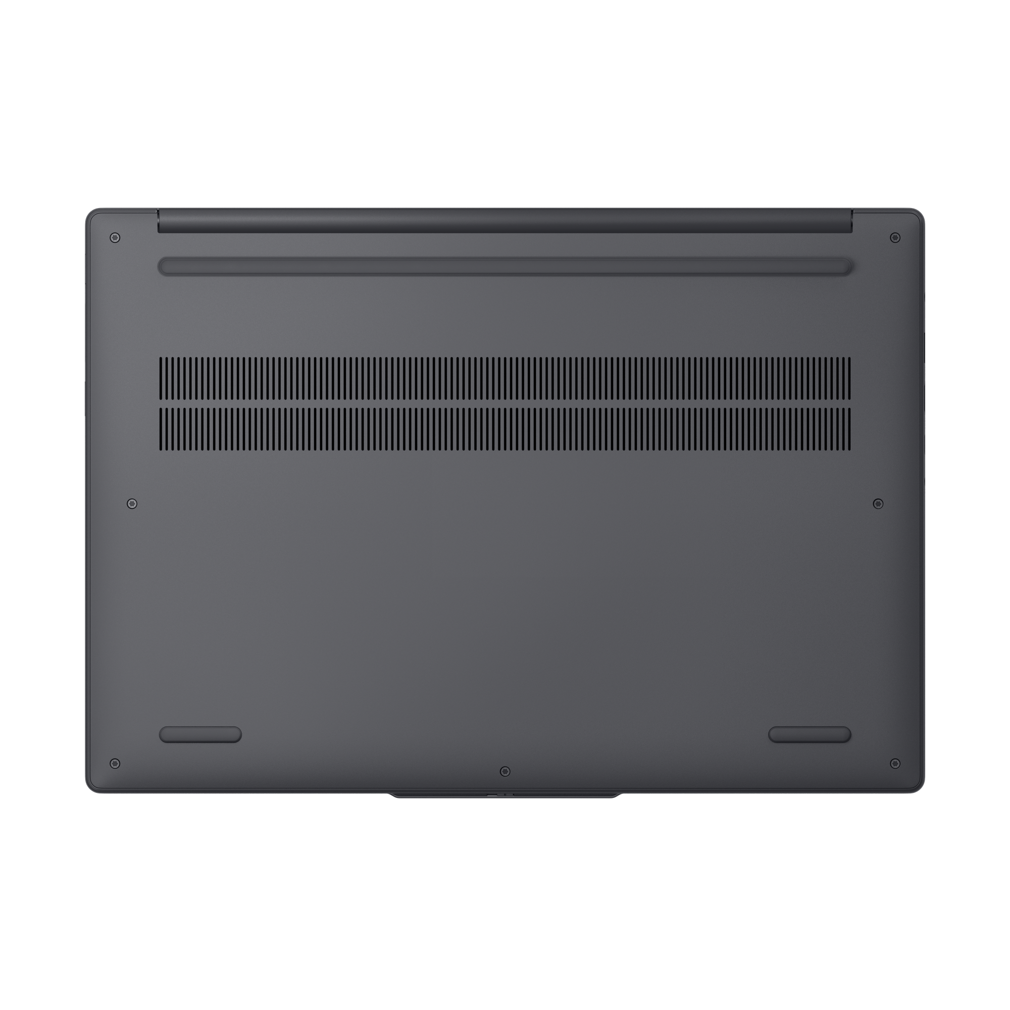 Unterseite eines grauen Laptops mit Lüftungsschlitzen und Schrauben.