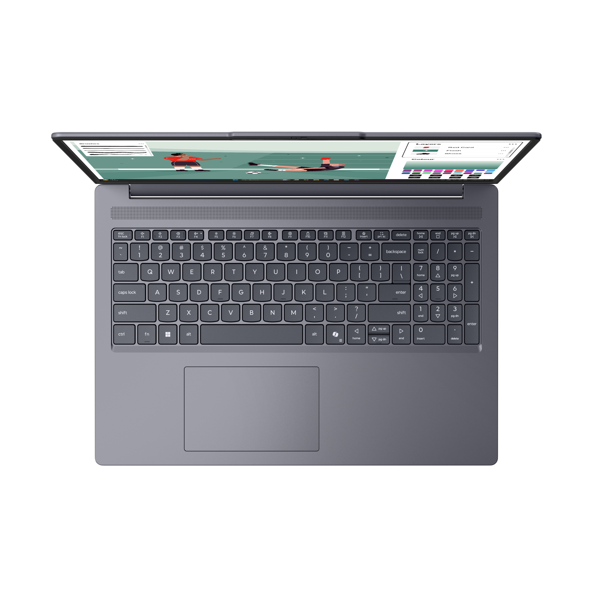 Grauer Laptop mit geöffnetem Bildschirm, der eine Grafiksoftware anzeigt.