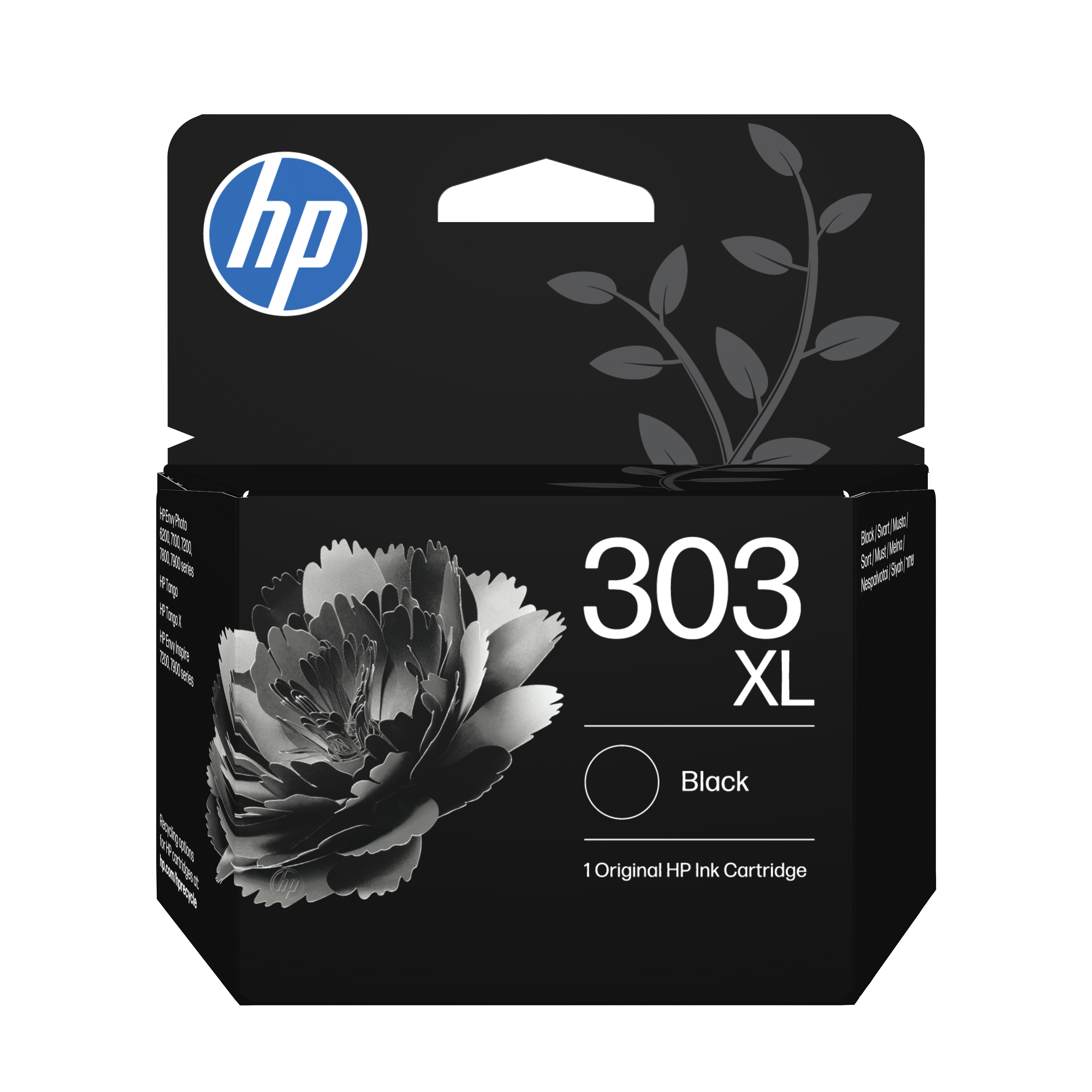HP 303 XL Tintenpatrone, Schwarz, mit Blumenmotiv und HP Logo.