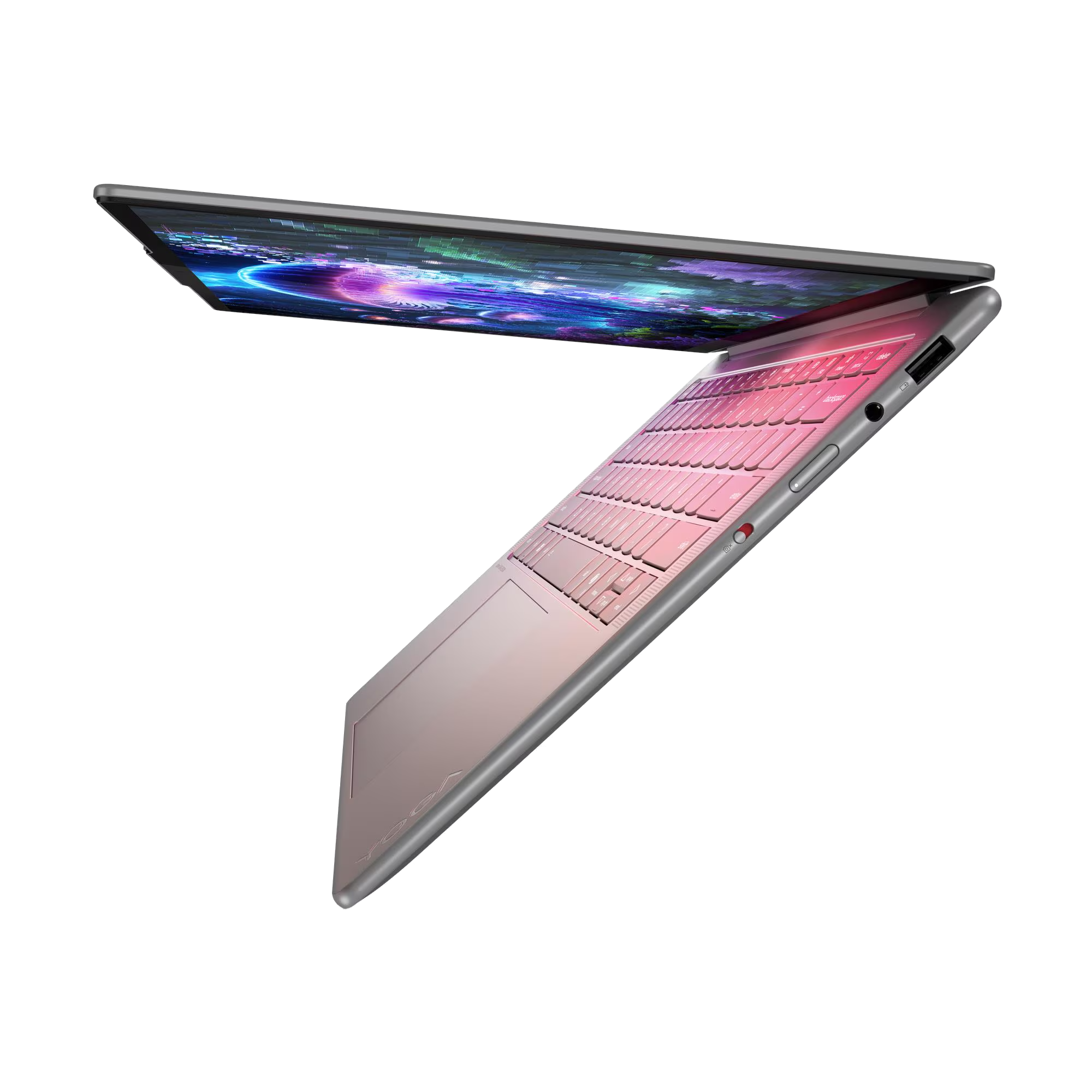 Un portátil rosa abierto con teclado retroiluminado y pantalla colorida.