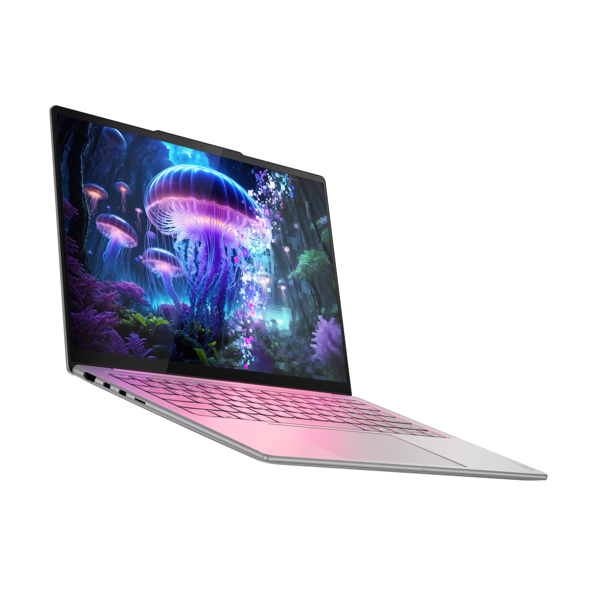 Un portátil rosa muestra medusas brillantes en su pantalla.