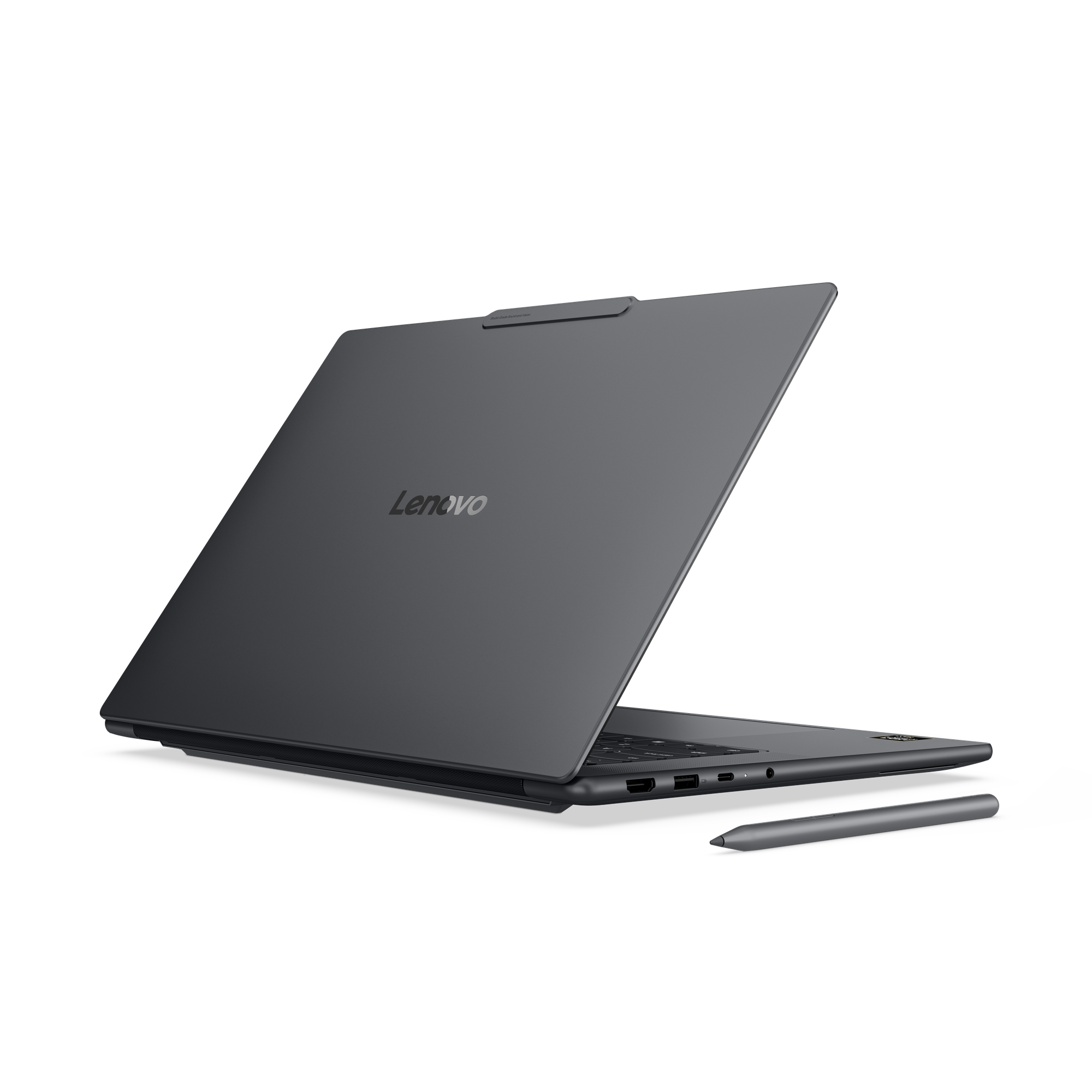 Ein graues Lenovo-Notebook mit Stift, auf schwarzem Hintergrund.