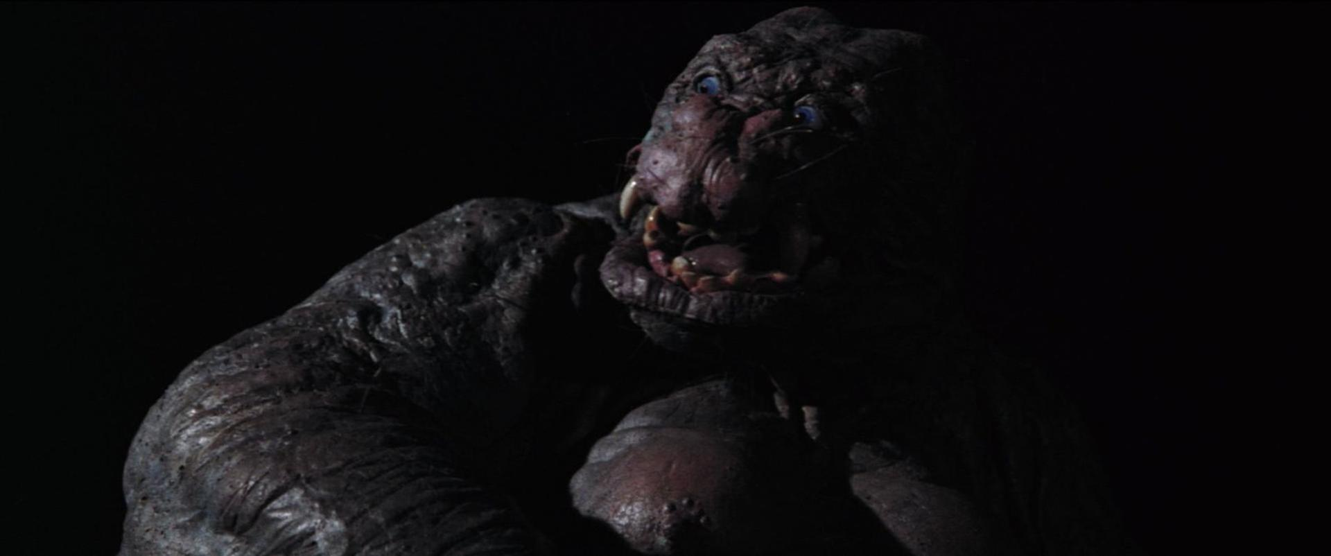 Ein grimmiges Monster mit blauen Augen und spitzen Zähnen, das auf schwarzem Hintergrund knurrt.