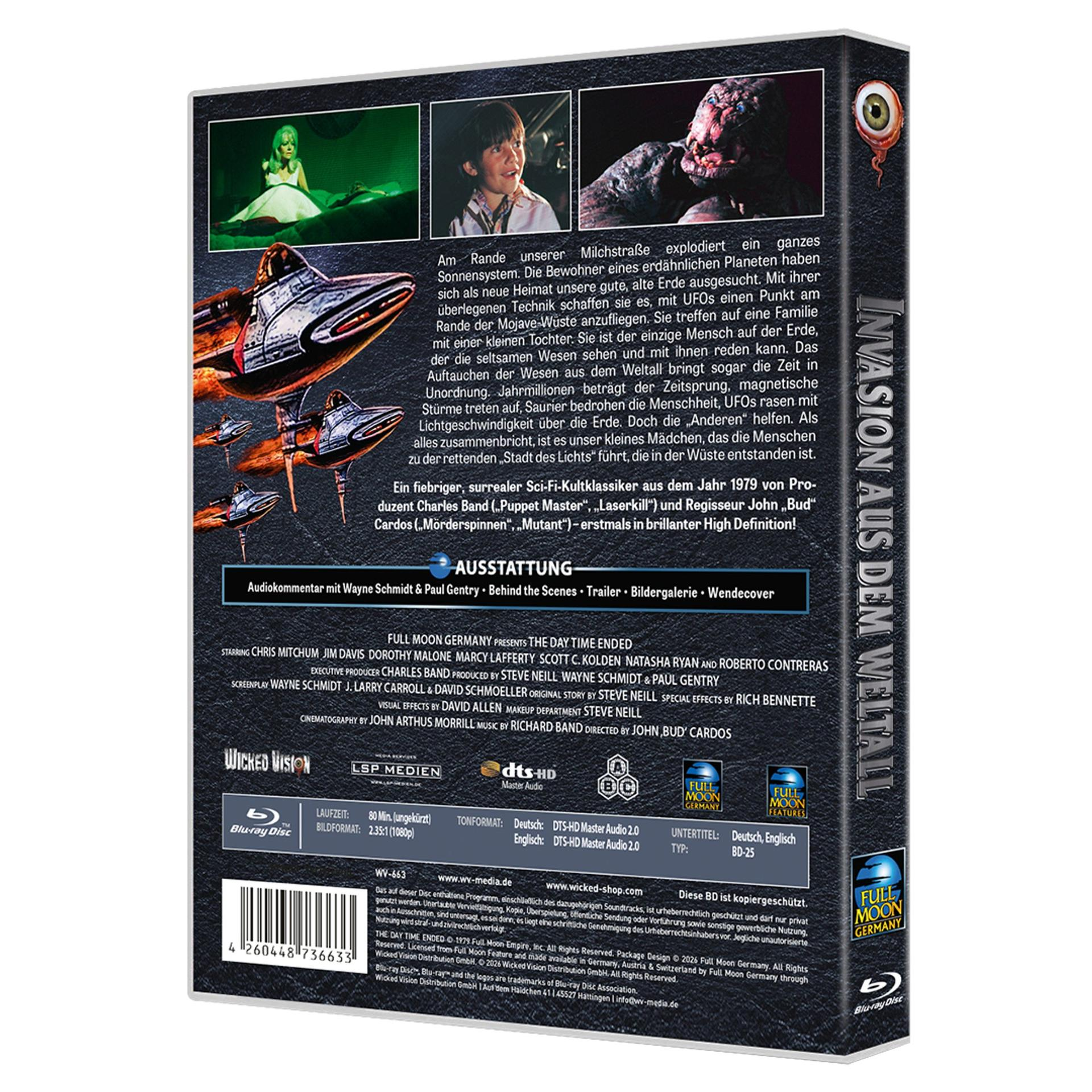 Blu-ray Cover mit UFOs, Aliens und Text. Ein Auge und ein Alien-Kopf sind zu sehen.