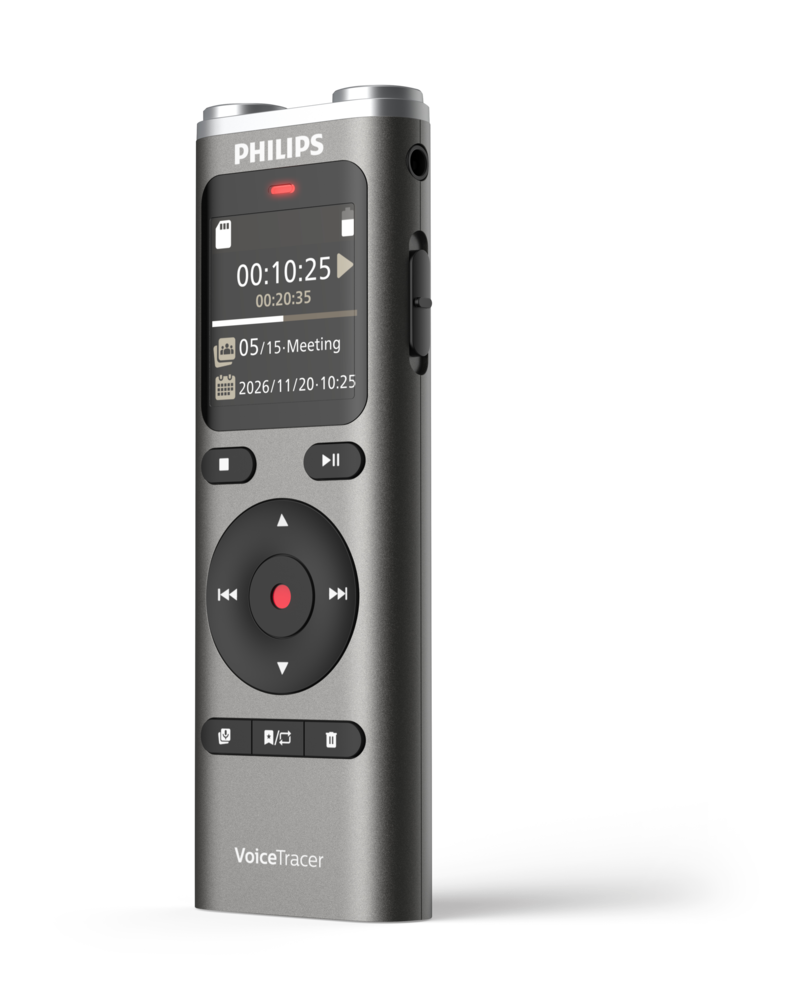 Szary dyktafon Philips VoiceTracer z ekranem i przyciskami sterującymi.