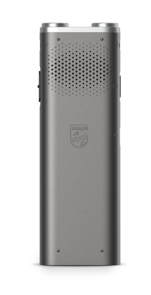 Szary dyktafon Philips z maskownicą głośnika i portem USB.
