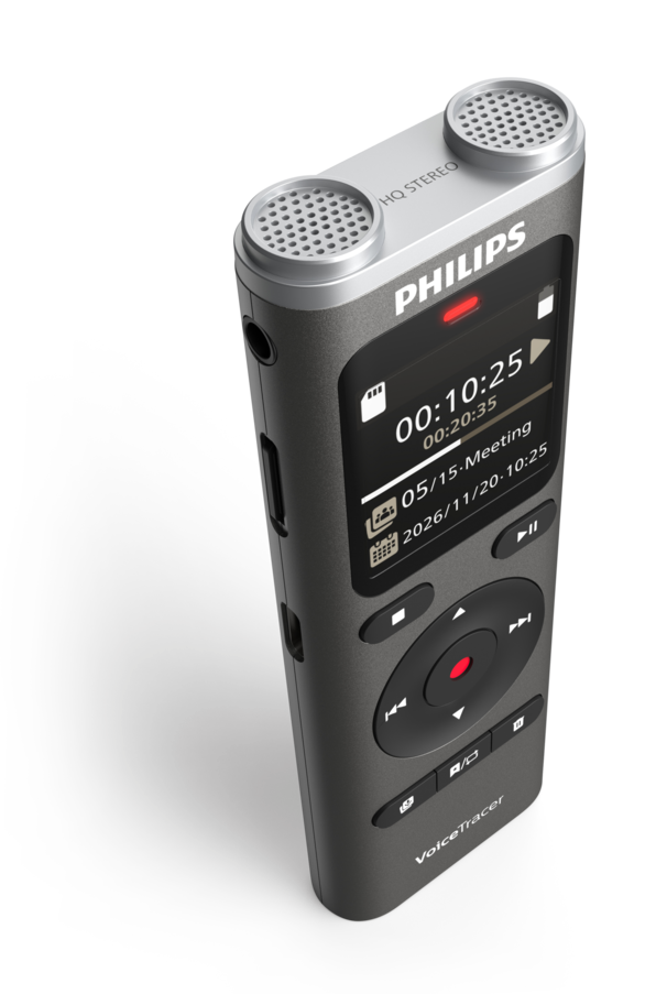 Szary dyktafon Philips z ekranem, przyciskami i dwoma mikrofonami.
