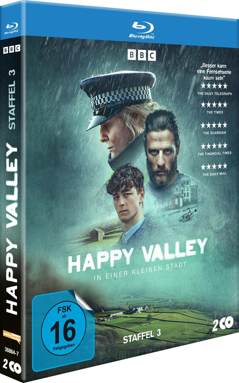 Bluray-Cover: Drei Personen, Regen, Stadtblick. Happy Valley Staffel 3.