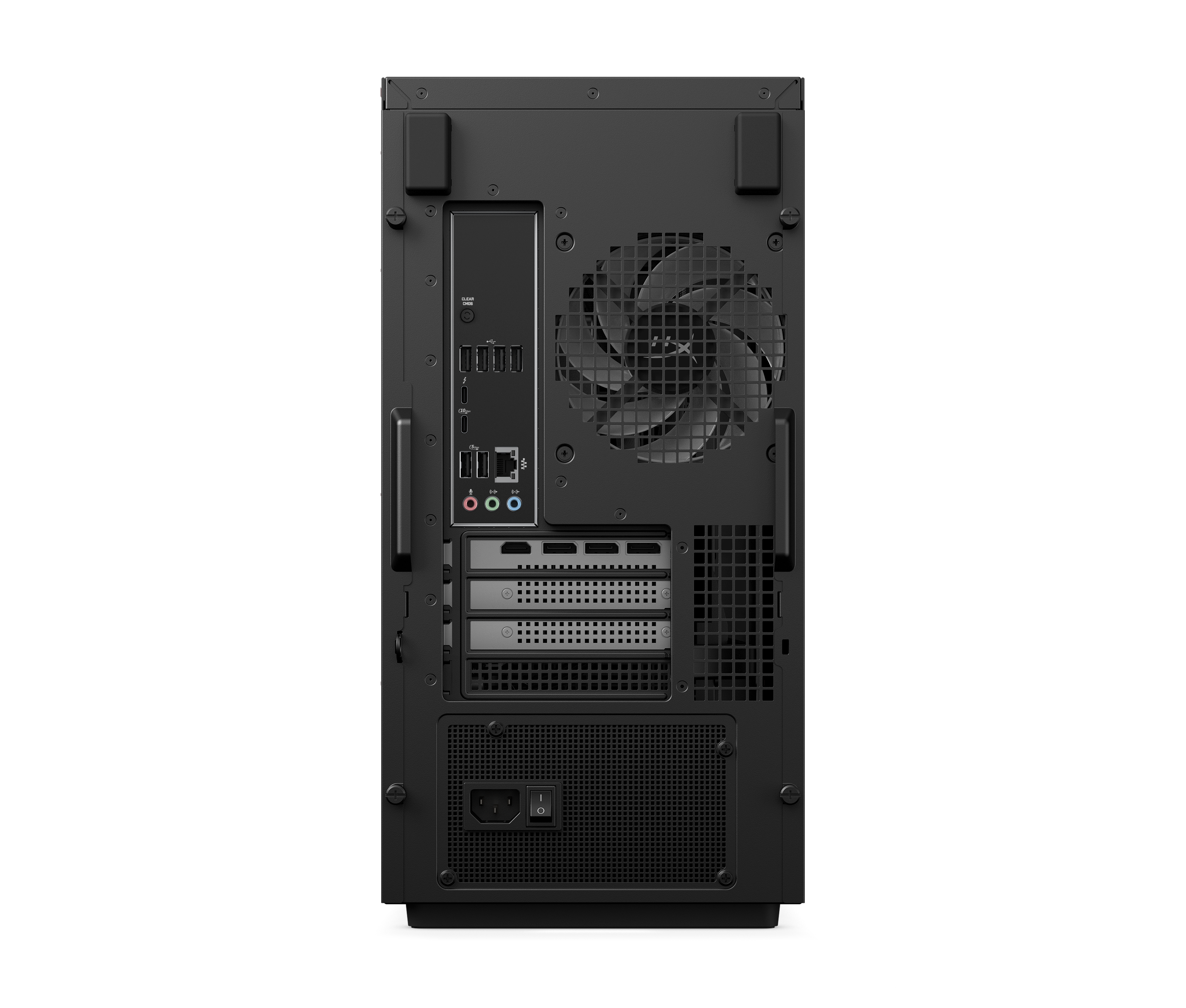 Rückseite eines schwarzen PCs mit Anschlüssen, Lüfter und Netzschalter.