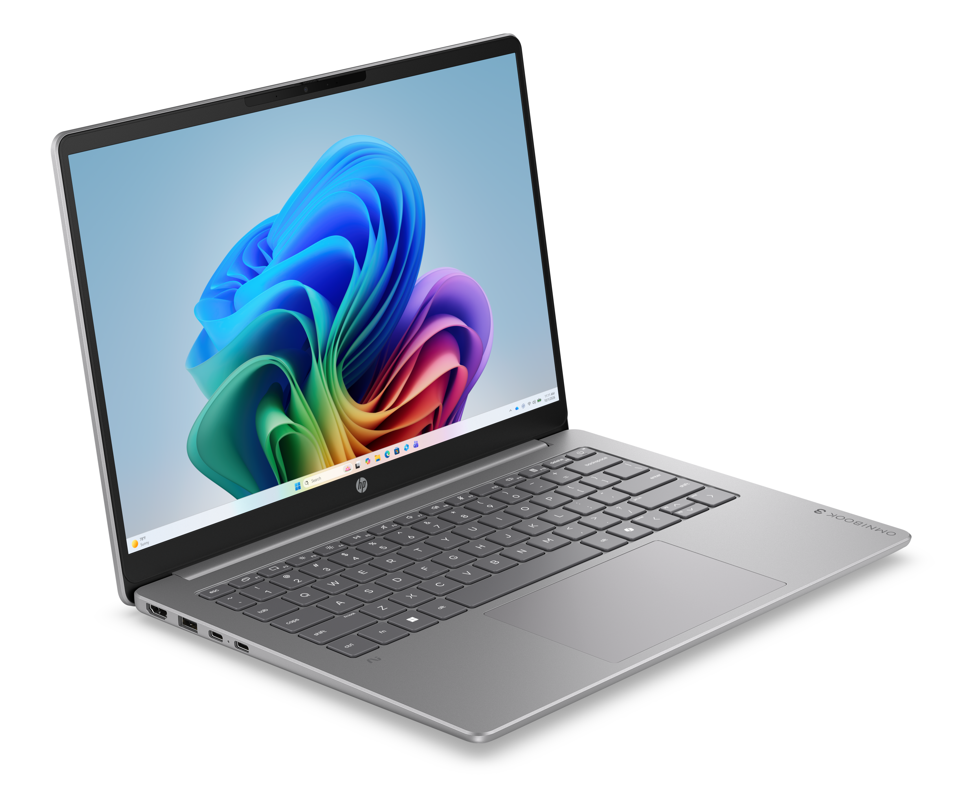 Ein silberner Laptop mit einem bunten Hintergrund auf dem geöffneten Bildschirm.