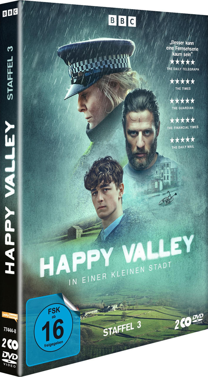 DVD-Cover: Happy Valley Staffel 3 mit drei Hauptdarstellern und Regen.