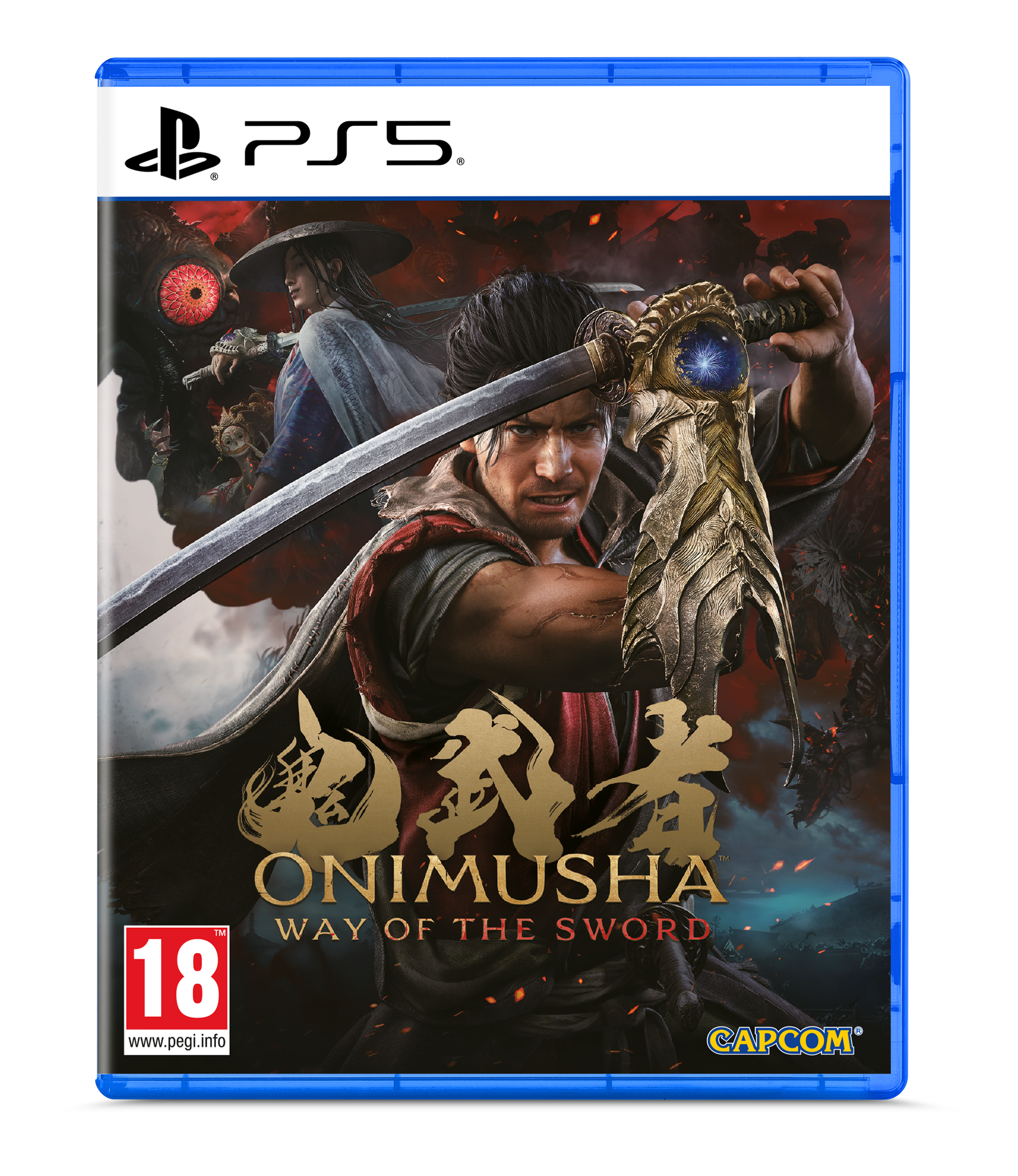 PS5 gamehoes: Man met zwaard, monster, titel 'Onimusha: Way of the Sword'.