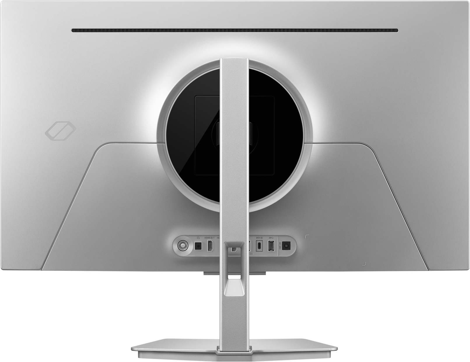 Arrière d'un moniteur argenté avec ports et un support central.