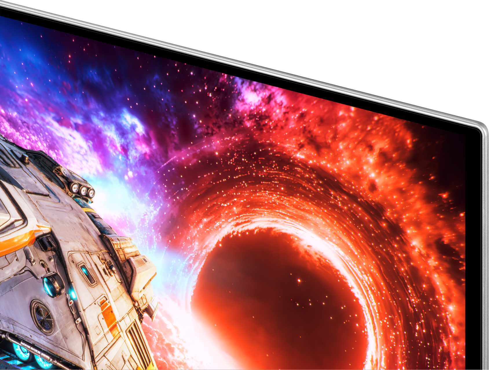 Un vaisseau spatial vole vers un trou noir lumineux, entouré d'étoiles.