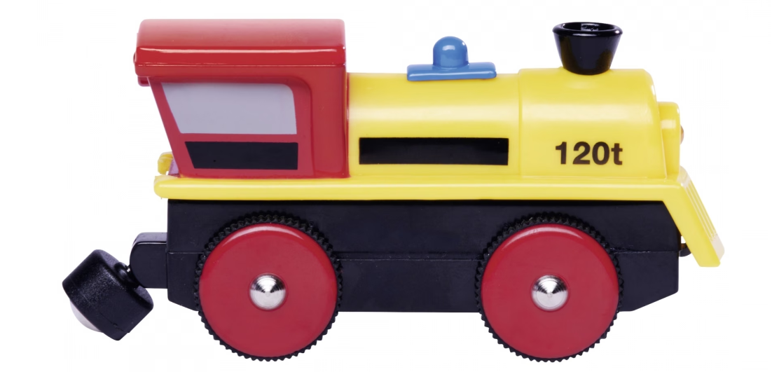 Ein gelber Spielzeugzug mit roten Rädern und schwarzem Fahrgestell.