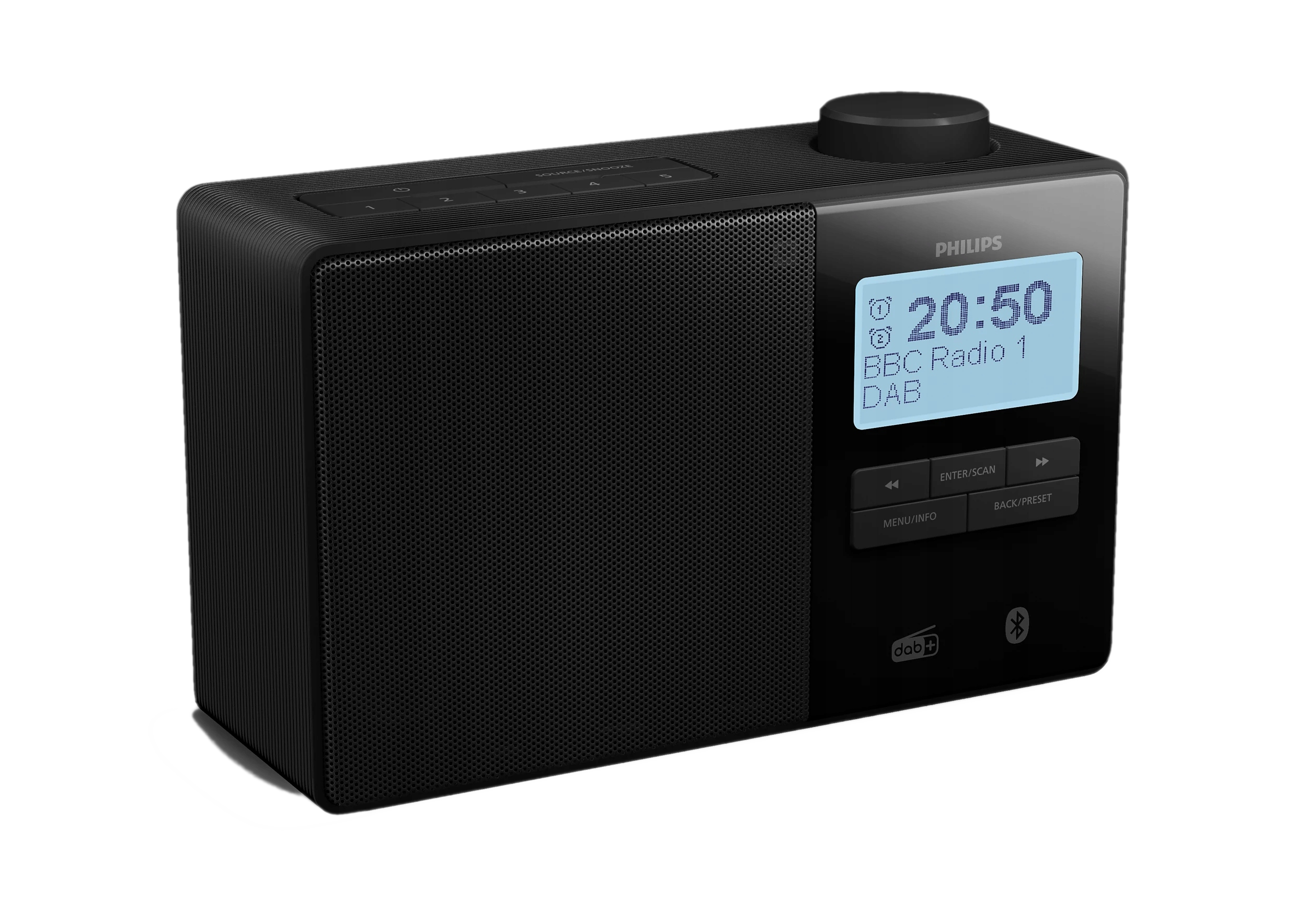 Czarno-białe radio DAB firmy Philips z ekranem LCD pokazującym 20:50 i BBC Radio 1.