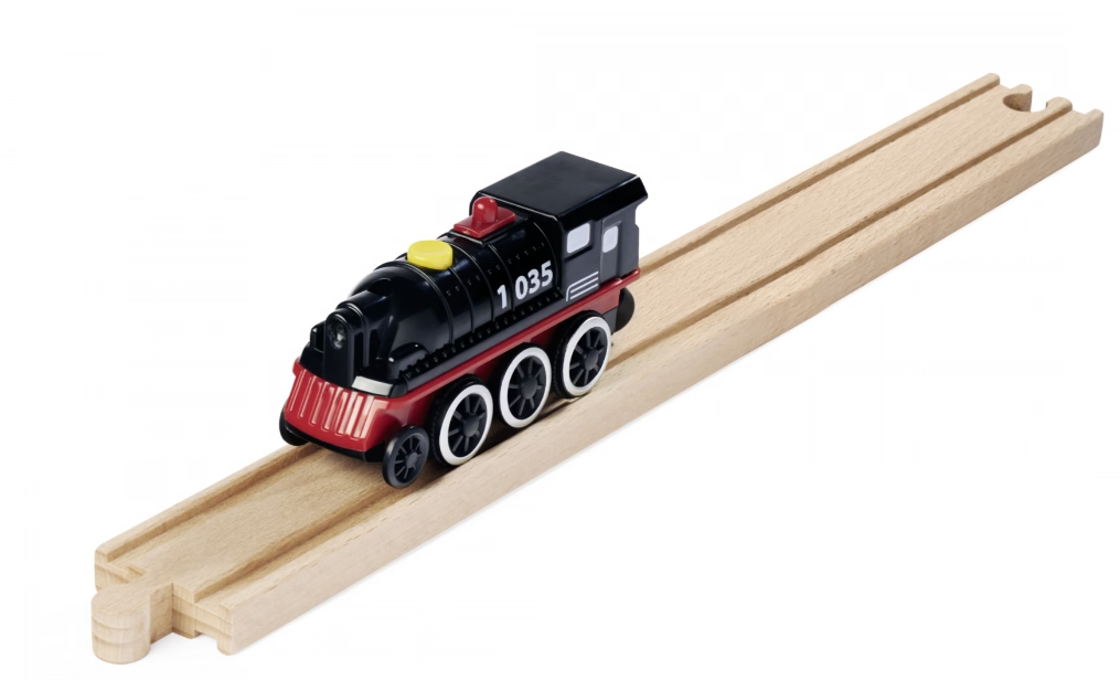 Eine schwarze Spielzeuglokomotive mit der Nummer 1035 fährt auf Holzschienen.