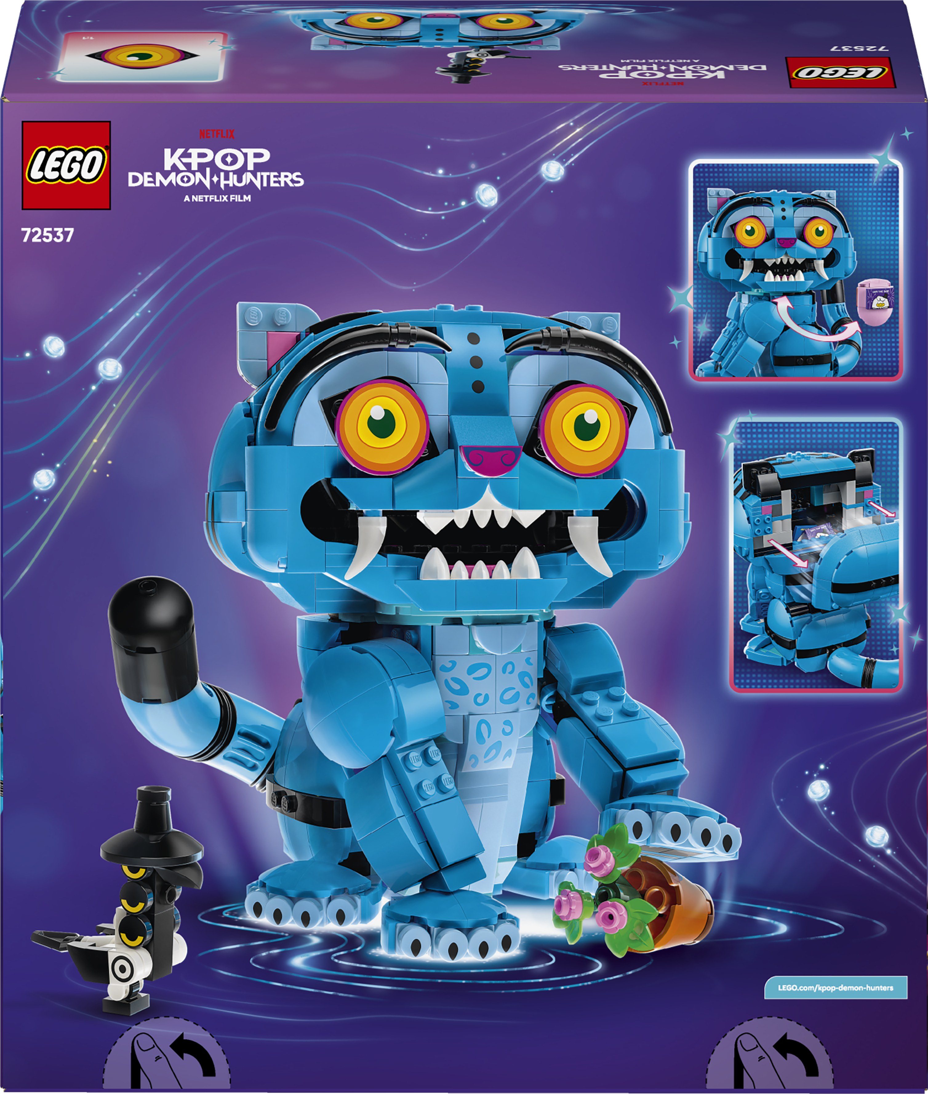 Ein blauer Lego-Katzendämon mit gelben Augen und spitzen Zähnen, hält Blumen.
