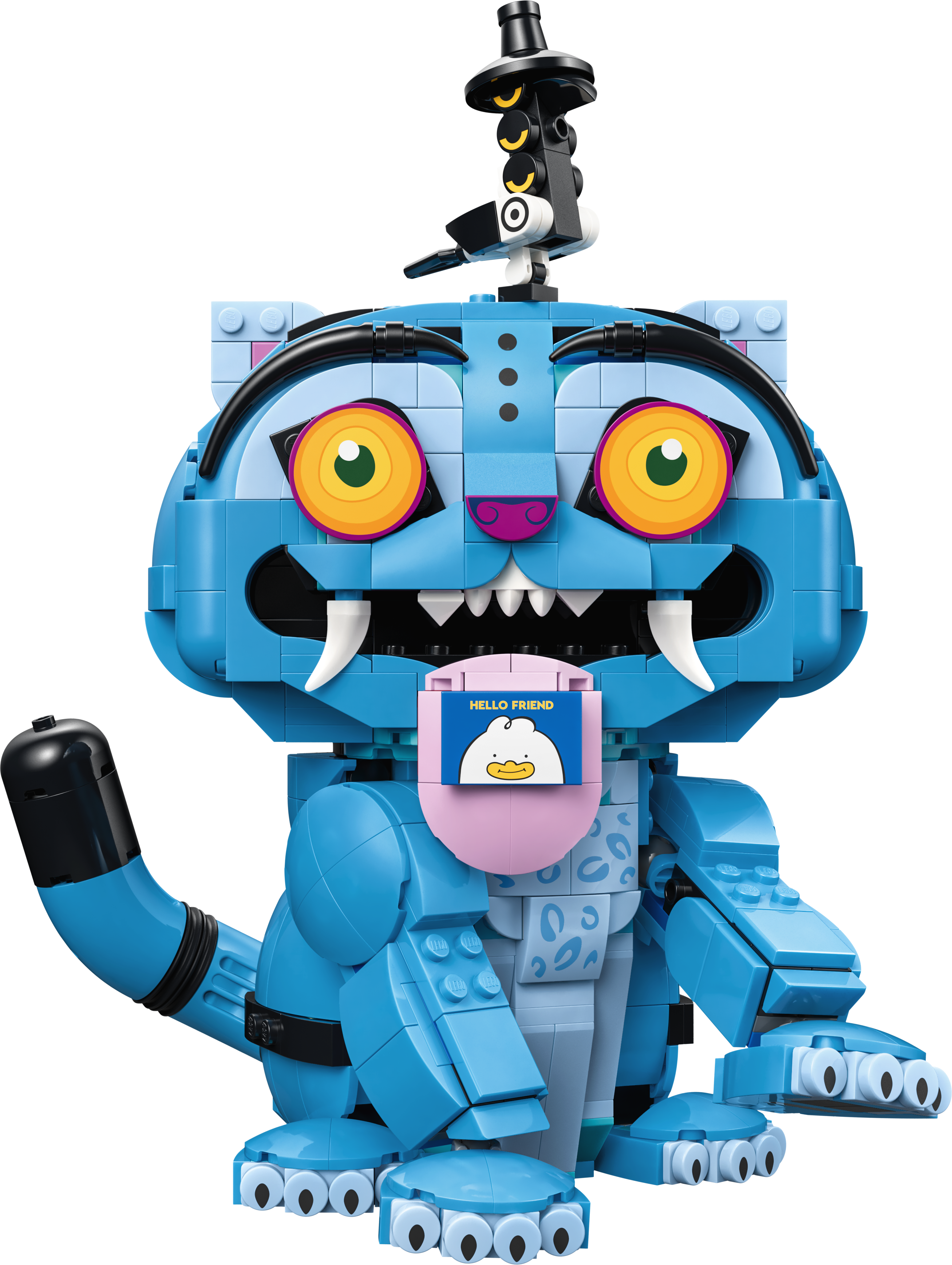 Ein blauer Lego-Kater mit großen gelben Augen und einem "Hallo Freund"-Aufkleber auf seiner Zunge.