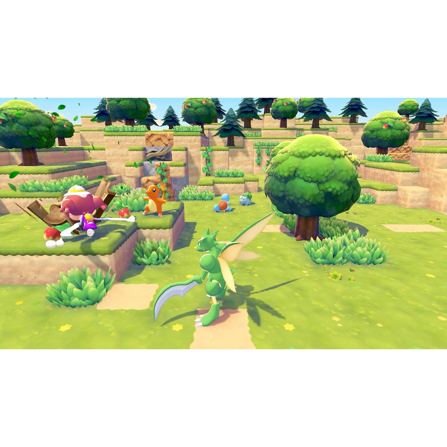Een groene Scyther staat op groen gras, met Charmander, Squirtle en een roze Pokémon op achtergrond.