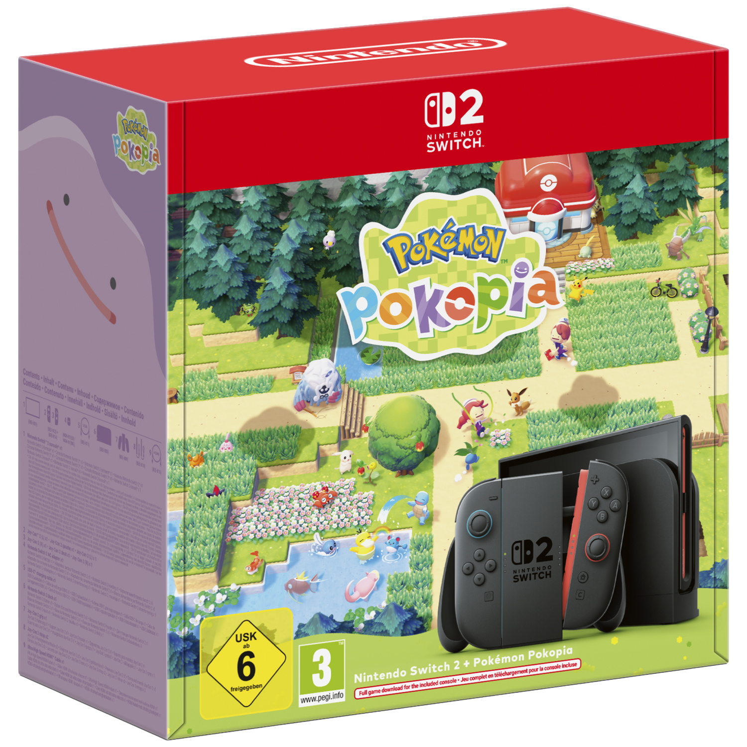 Nintendo Switch + Pokémon Pokopia doos met gamepersonages en landschap.