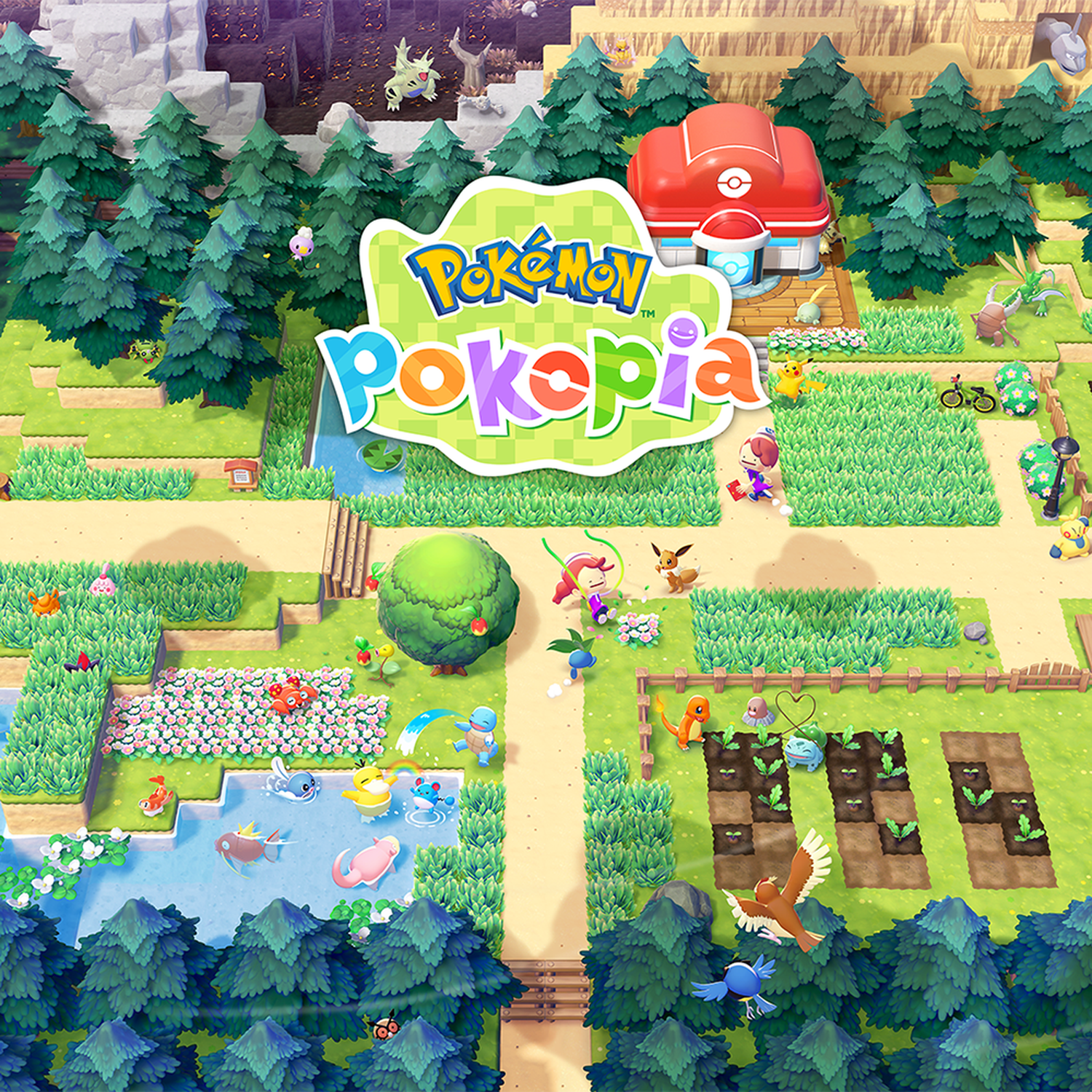 Een idyllisch Pokémon-landschap met bomen, water, bloembedden en personages.