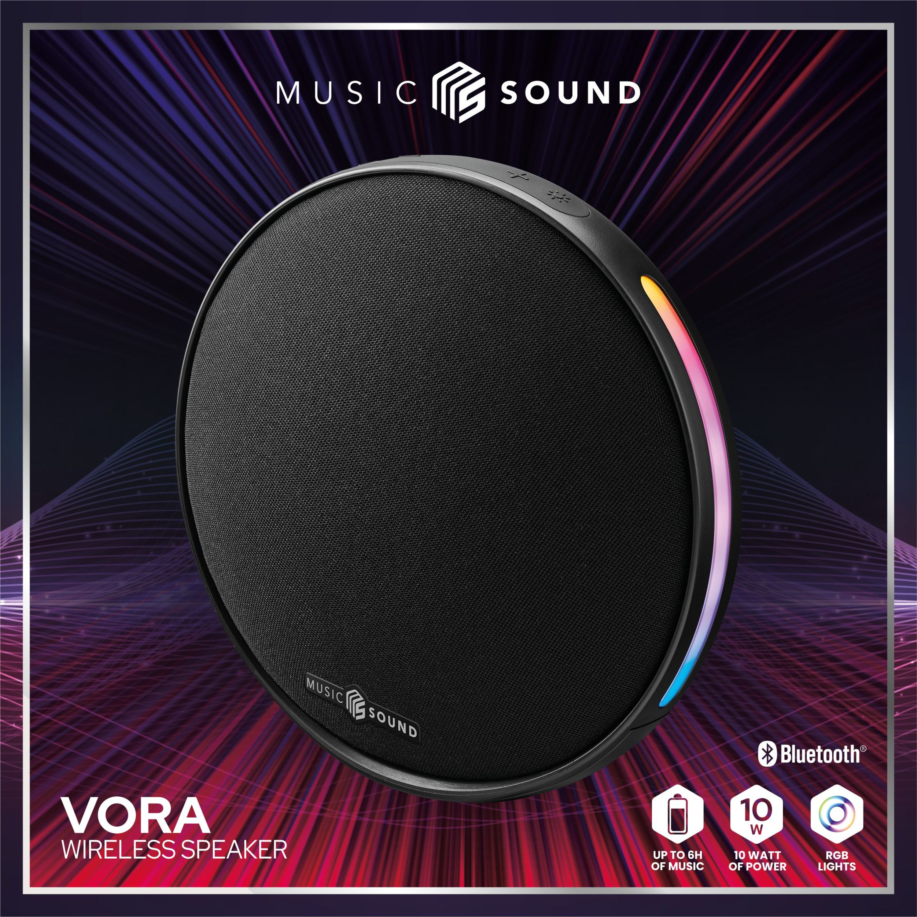 Siyah Vora Bluetooth hoparlör, RGB ışıklar, 10W güç, 6 saat pil ömrü.