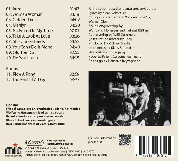 Album-Rückseite mit Titelliste, Bandinformationen und Foto einer Band.