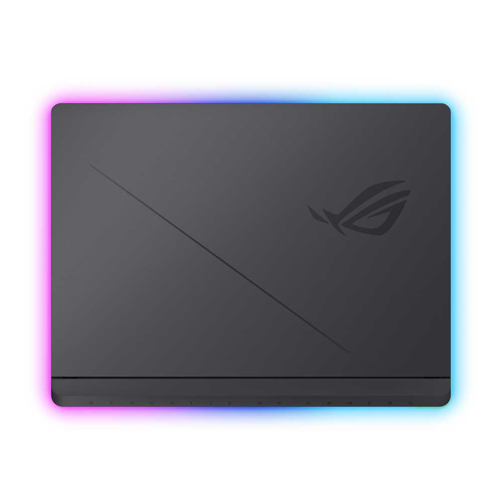 ROG logosu ve renkli RGB aydınlatmalı koyu renkli dizüstü bilgisayar kapağı.