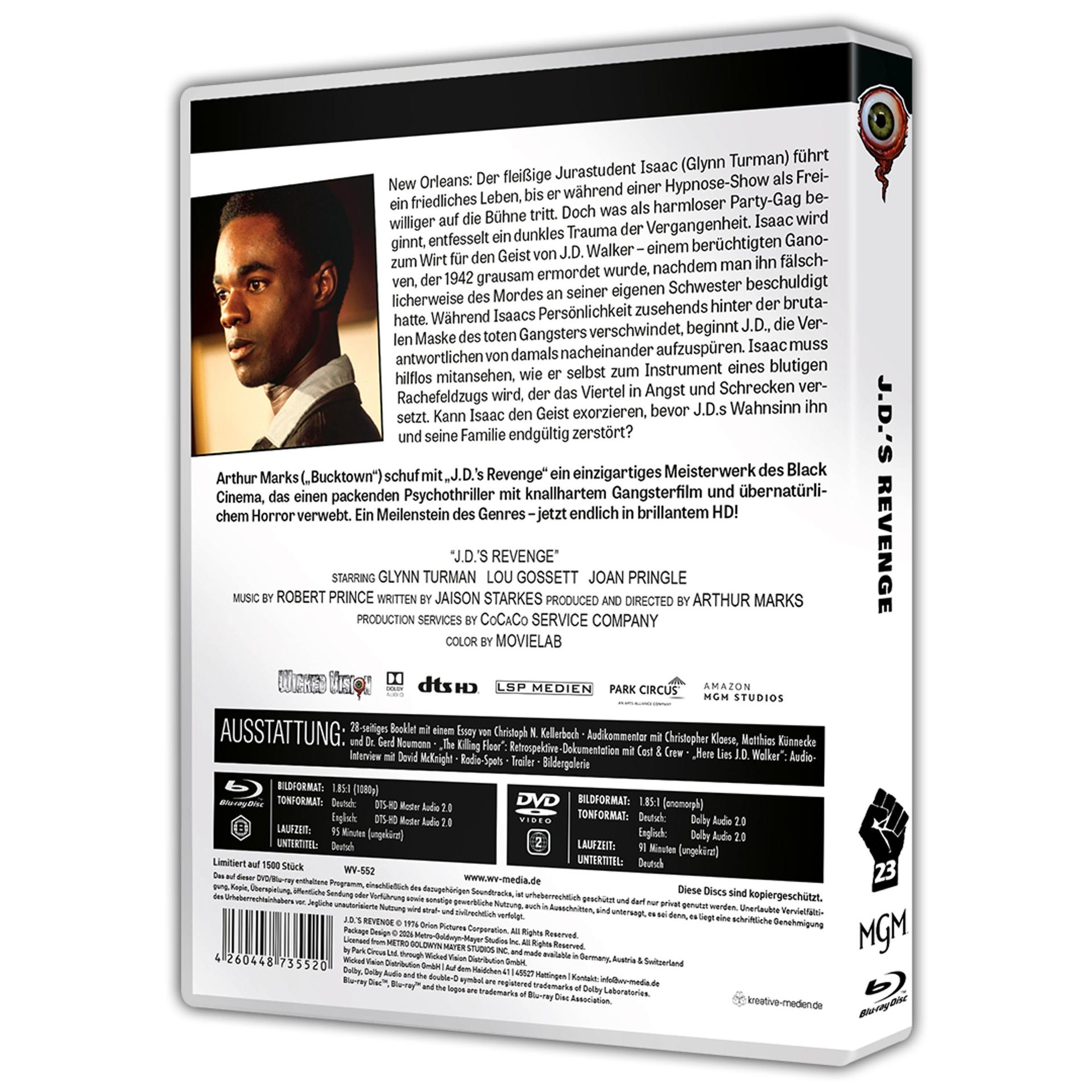 Cover von J.D.'s Revenge Blu-ray Disc mit Darstellerporträt und Filmdetails.
