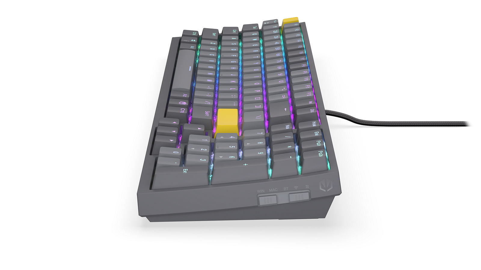 Szara klawiatura mechaniczna z podświetleniem RGB i żółtymi klawiszami.